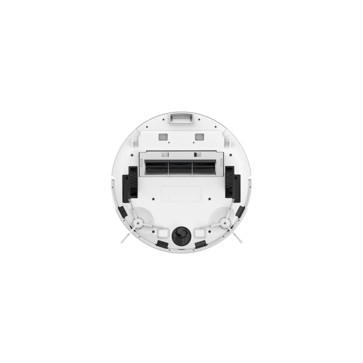 Widok od spodu białego, okrągłego robota odkurzającego ze szczotkami i kołami.