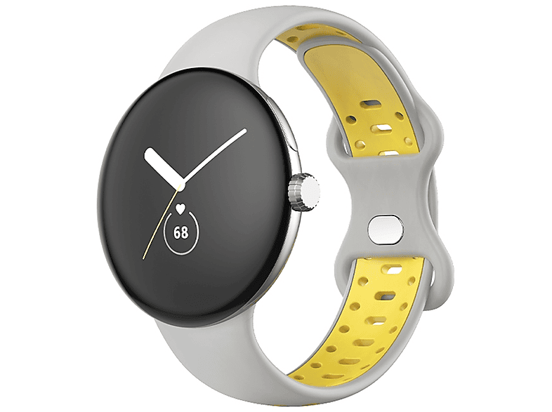 WIGENTO Kunststoff / Silikon Sport Band Größe L, Ersatzarmband, Google, Pixel Watch 1 + 2, Grau / Gelb