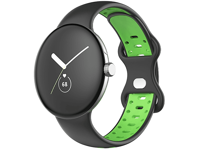 WIGENTO Kunststoff / Silikon Sport Band Größe L, Ersatzarmband, Google, Pixel Watch 1 + 2, Schwarz / Grün