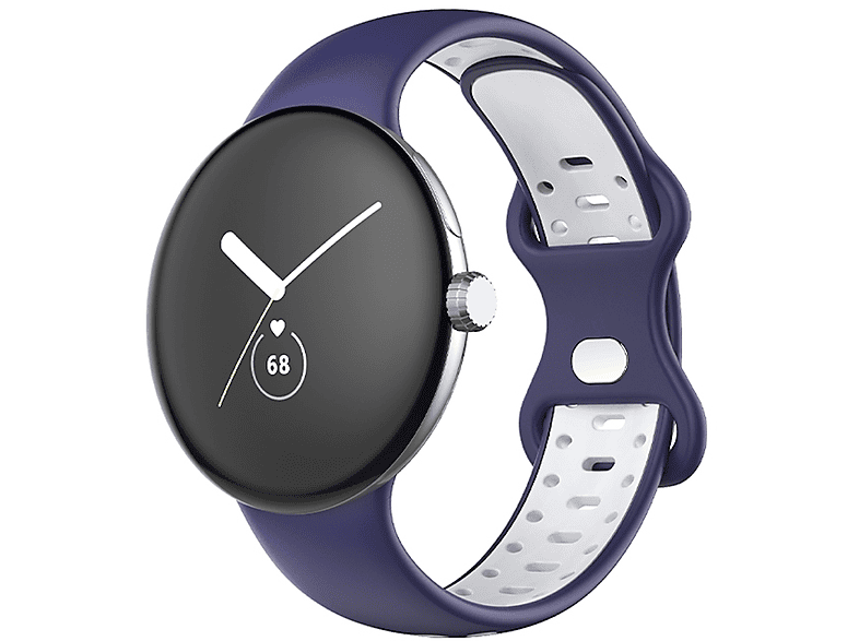 WIGENTO Kunststoff / Silikon Sport Band Größe M, Ersatzarmband, Google, Pixel Watch 1 + 2, Blau / Weiß