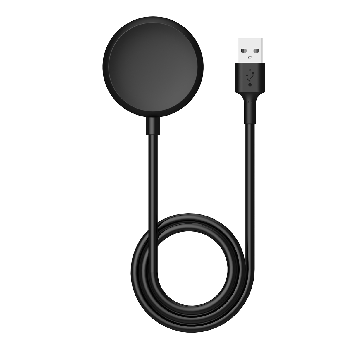 Schwarzes kabelloses Ladegerät mit Kabel. Weißer Hintergrund.