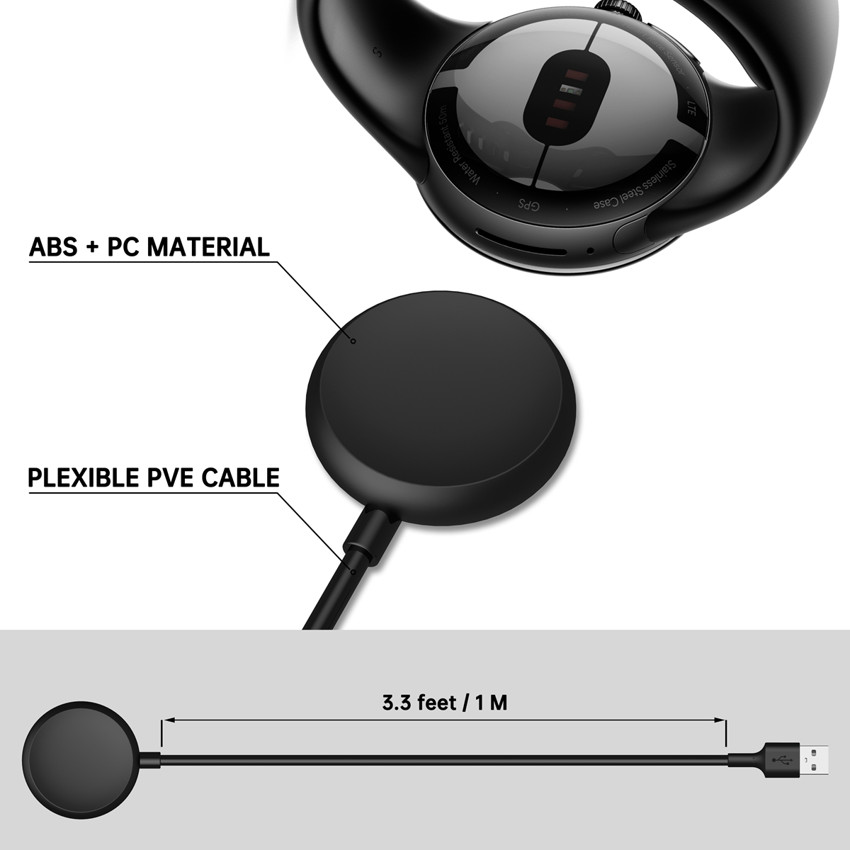 WIGENTO USB Port Smart Schwarz 1 Watch Cable, 2, + Pixel 1 Watch Google, Charging Ladekabel, Google Meter