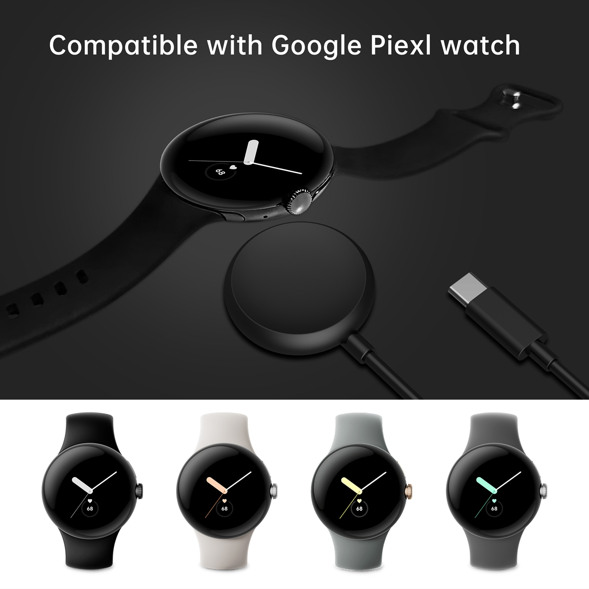 Eine Smartwatch mit schwarzem Armband, Ladestation und USB-C-Kabel. Verschiedene Farben der Uhr werden gezeigt.