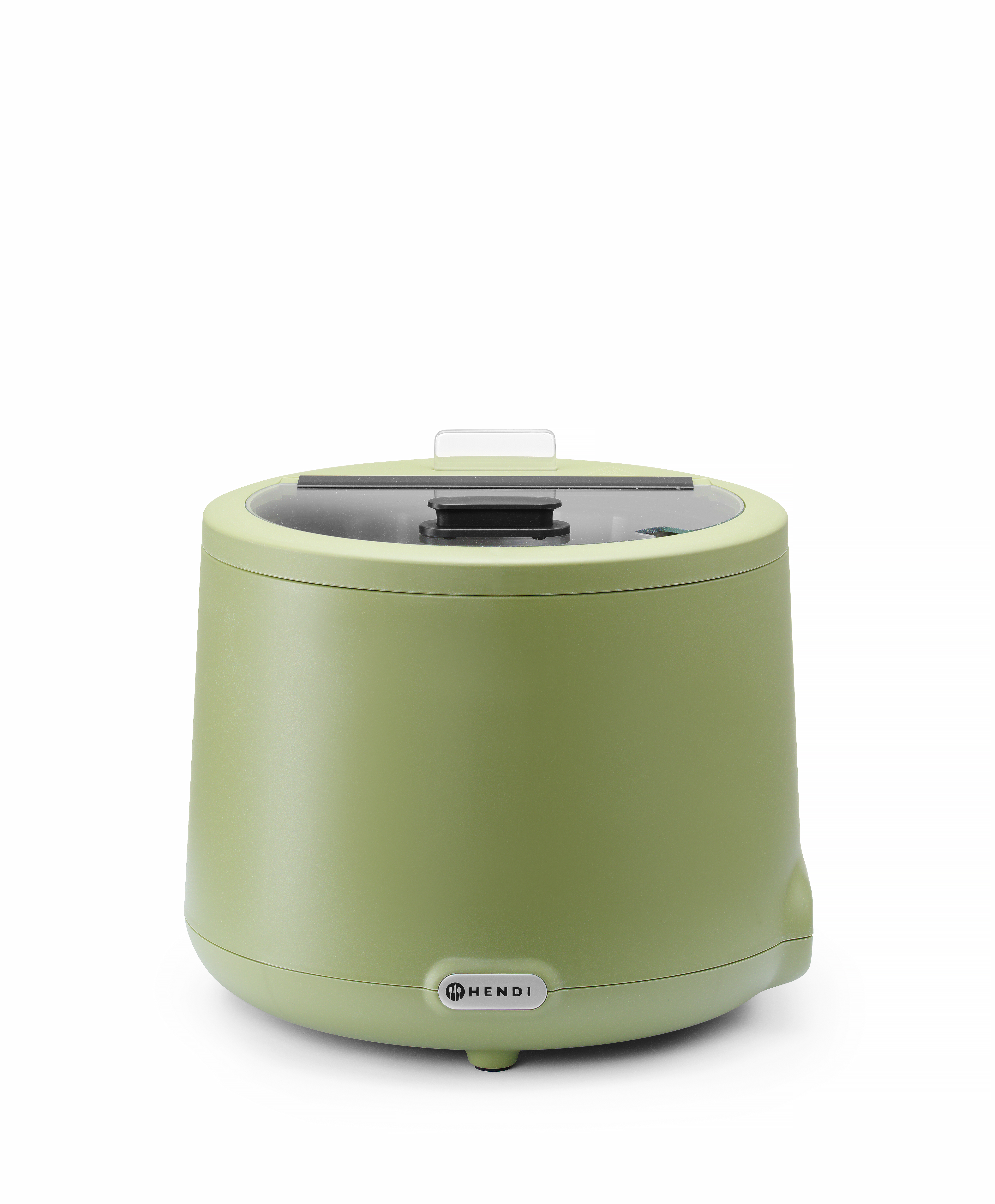 Scaldavivande elettrico verde. Coperchio trasparente. Logo Hendi in basso.
