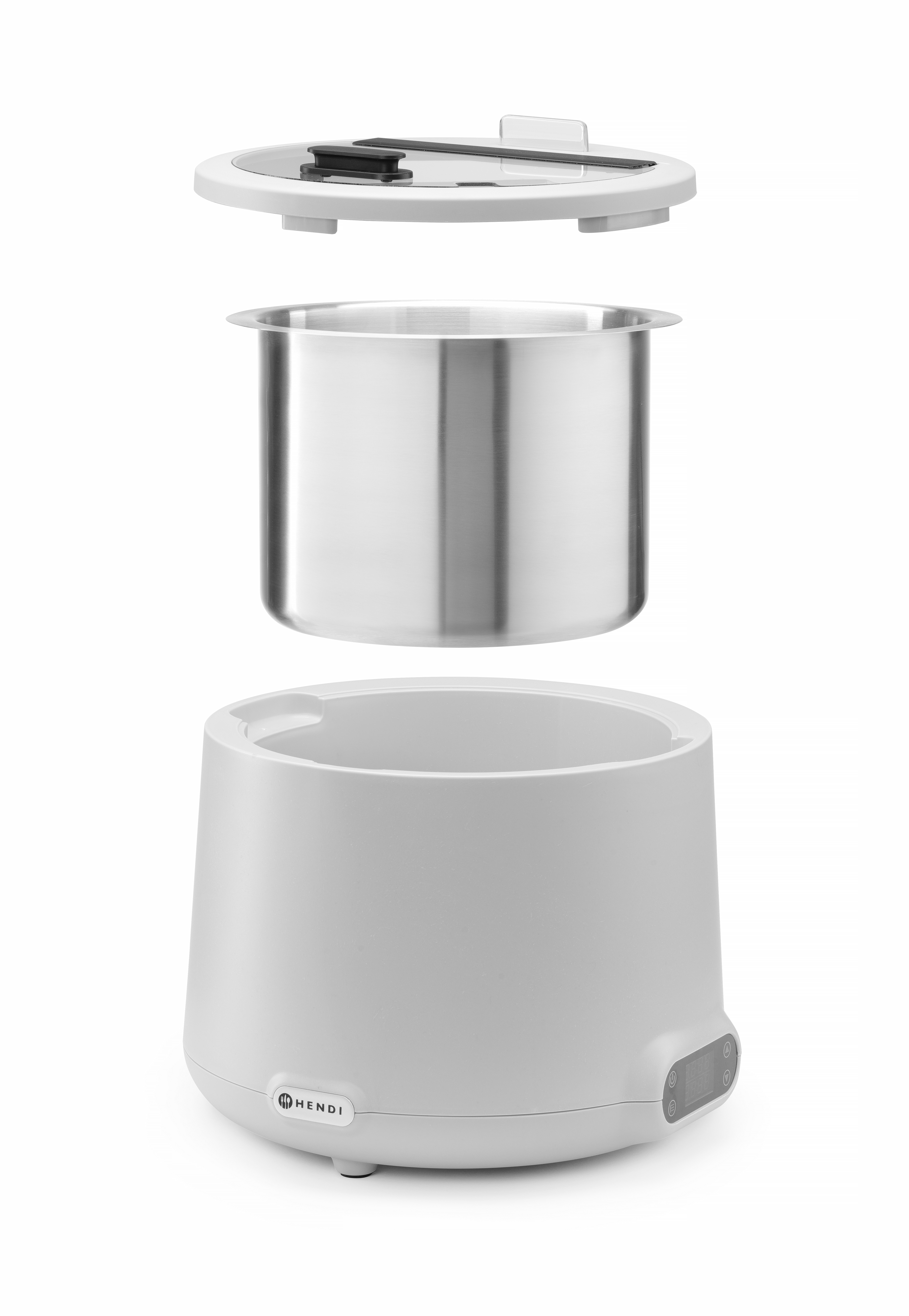 Componenti elettrodomestico bianco: coperchio, contenitore acciaio inox e base esterna.