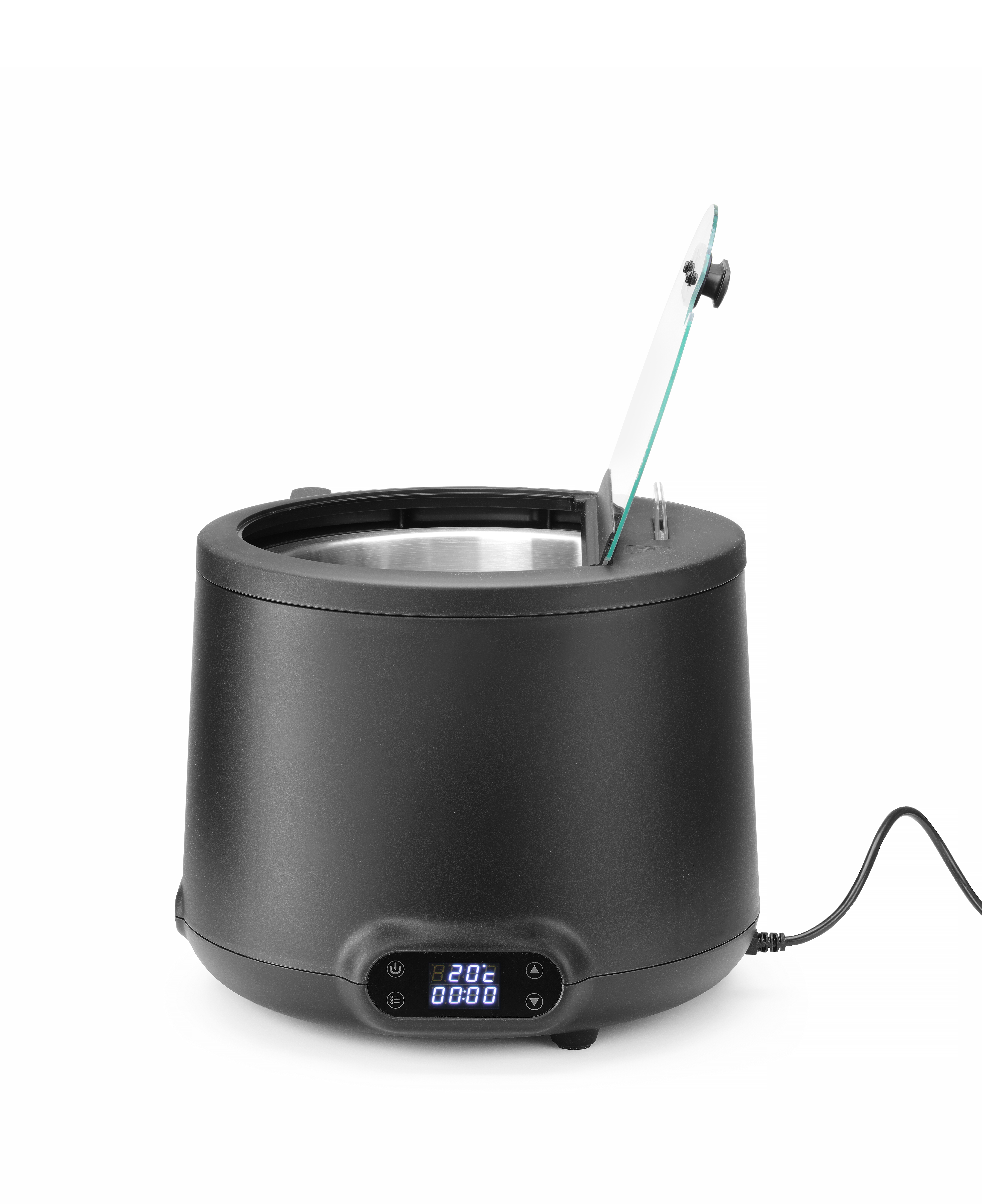 Elettrodomestico nero con coperchio trasparente aperto, display digitale e cavo alimentazione.