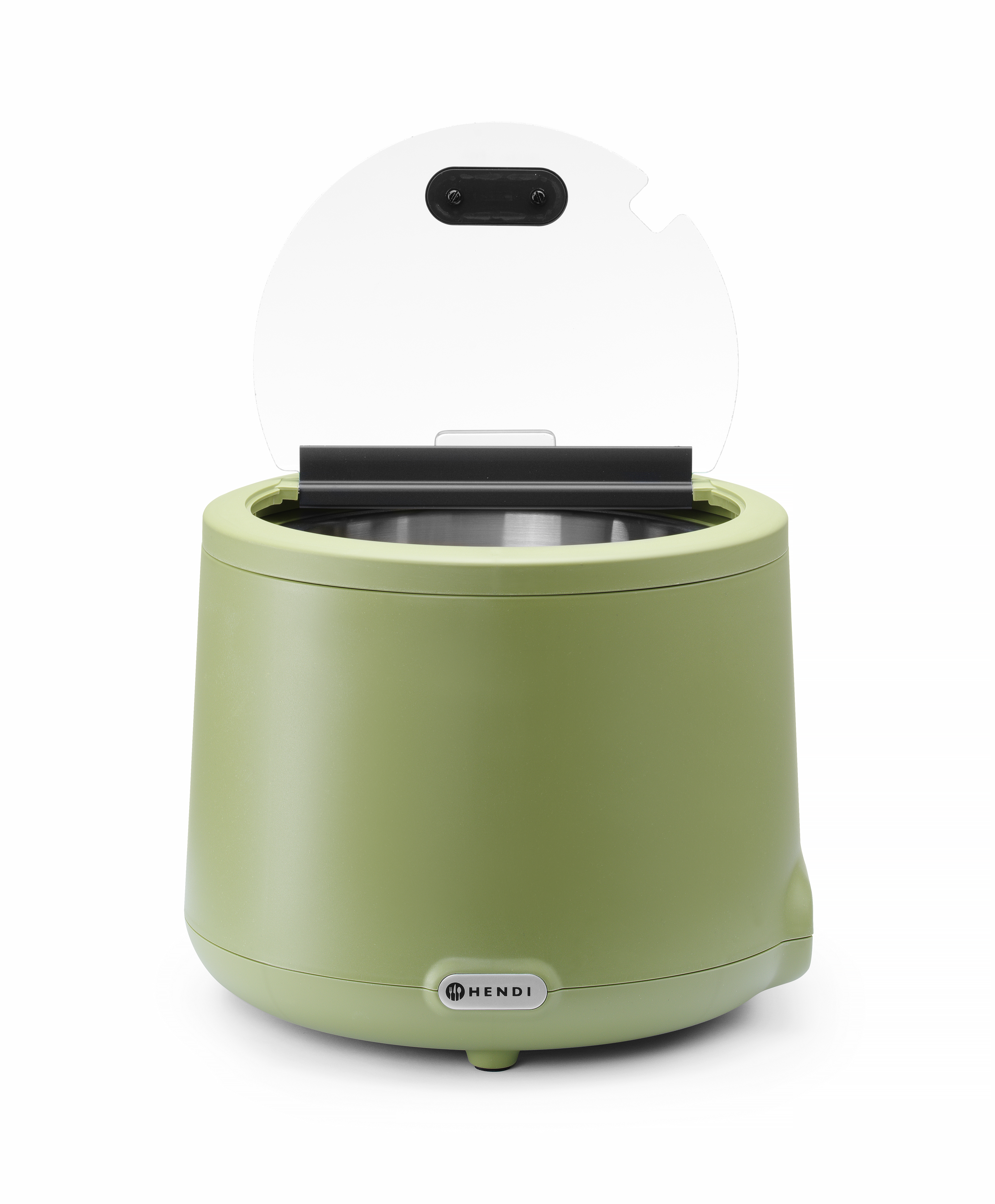 Elettrodomestico da cucina verde con coperchio trasparente e interno argentato. Logo HENDI sul davanti.