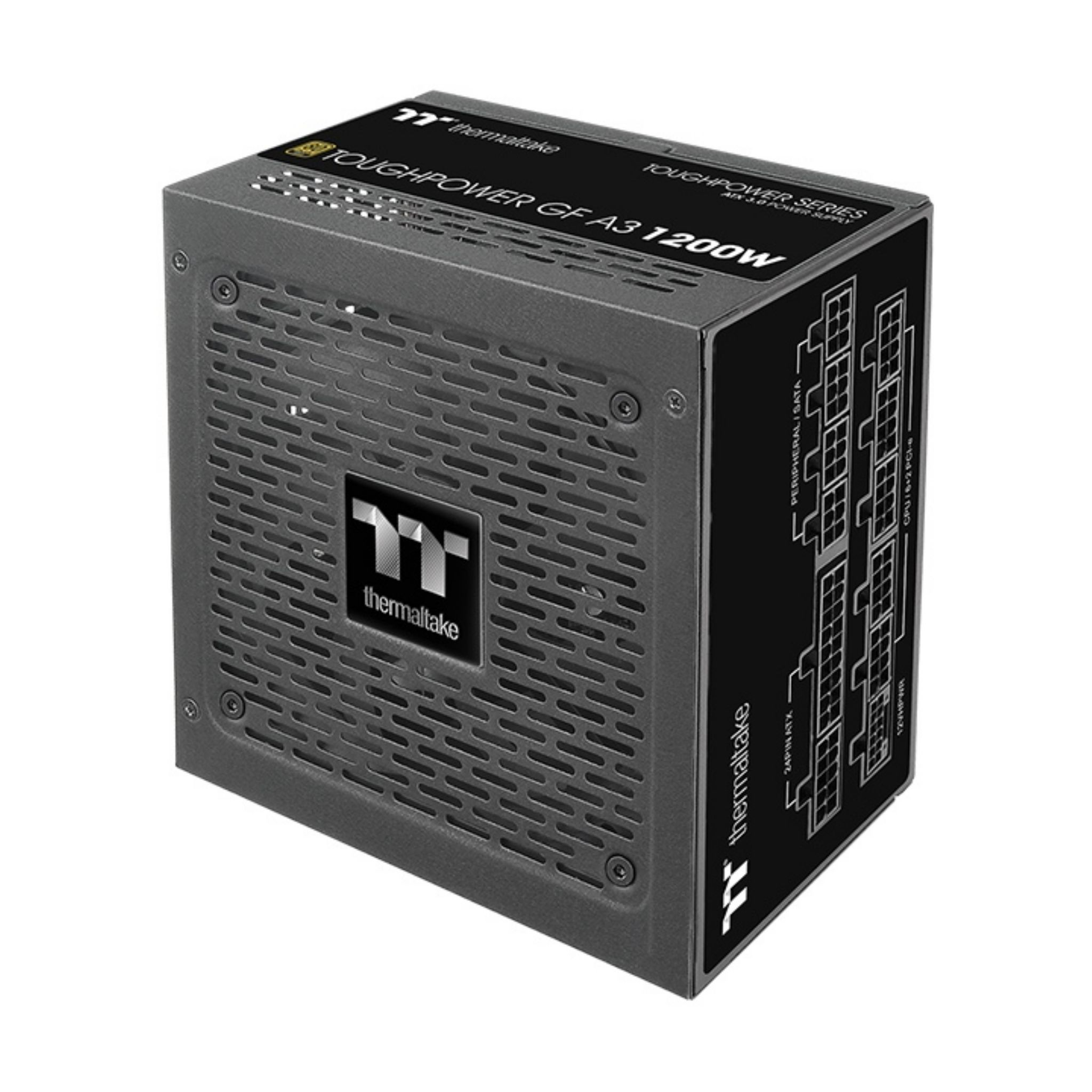 Graues Thermaltake Toughpower GF A3 1200W Netzteil. Merkmale umfassen einen Lüfter, Anschlüsse und Branding.