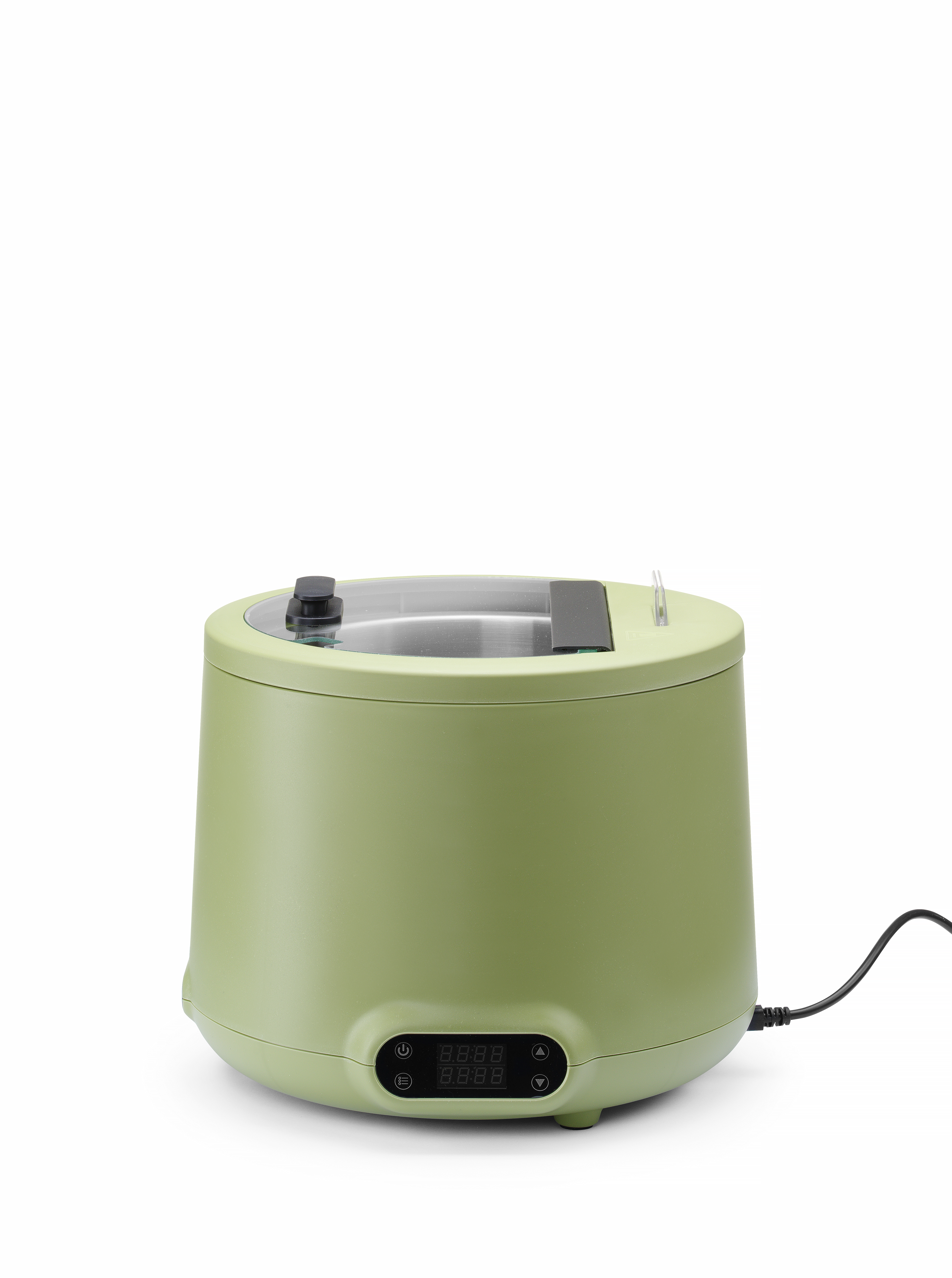 Elettrodomestico verde e rotondo con coperchio in vetro. Ha un display digitale e pulsanti. Cavo di alimentazione nero. Sfondo bianco.