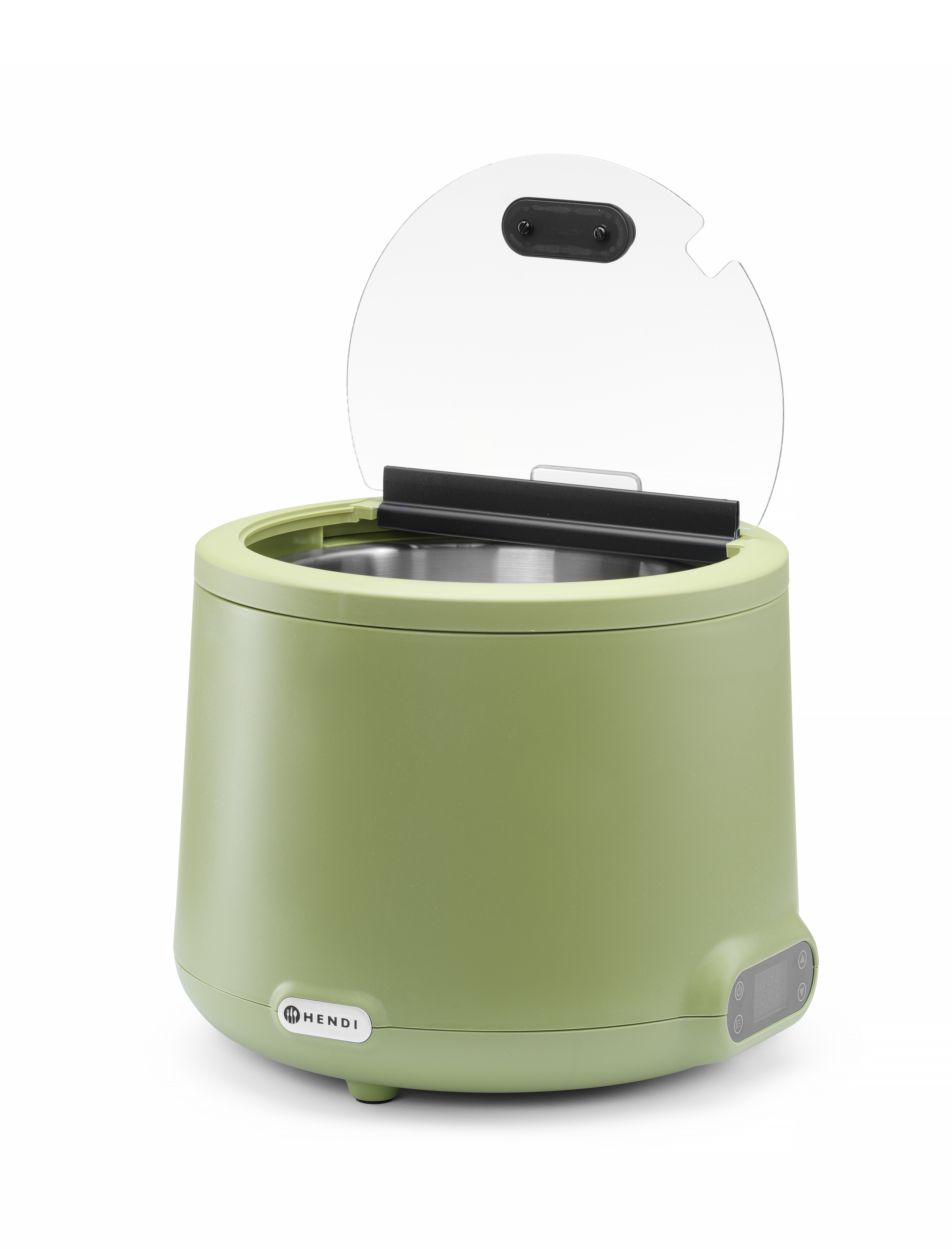 Scaldavivande Hendi verde con coperchio trasparente, interno in acciaio inossidabile e display digitale.