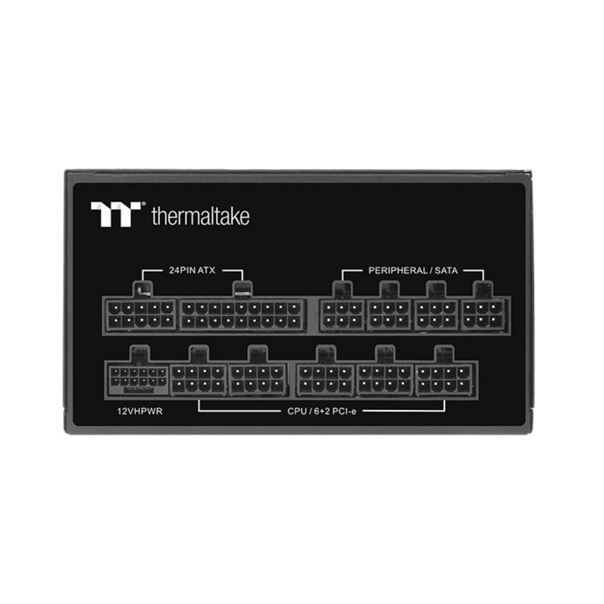 Ein schwarzes Netzteil mit Anschlüssen. Text: thermaltake. Anschlüsse beschriftet mit 24PIN ATX, 12VHPWR, CPU, Peripheral/SATA.