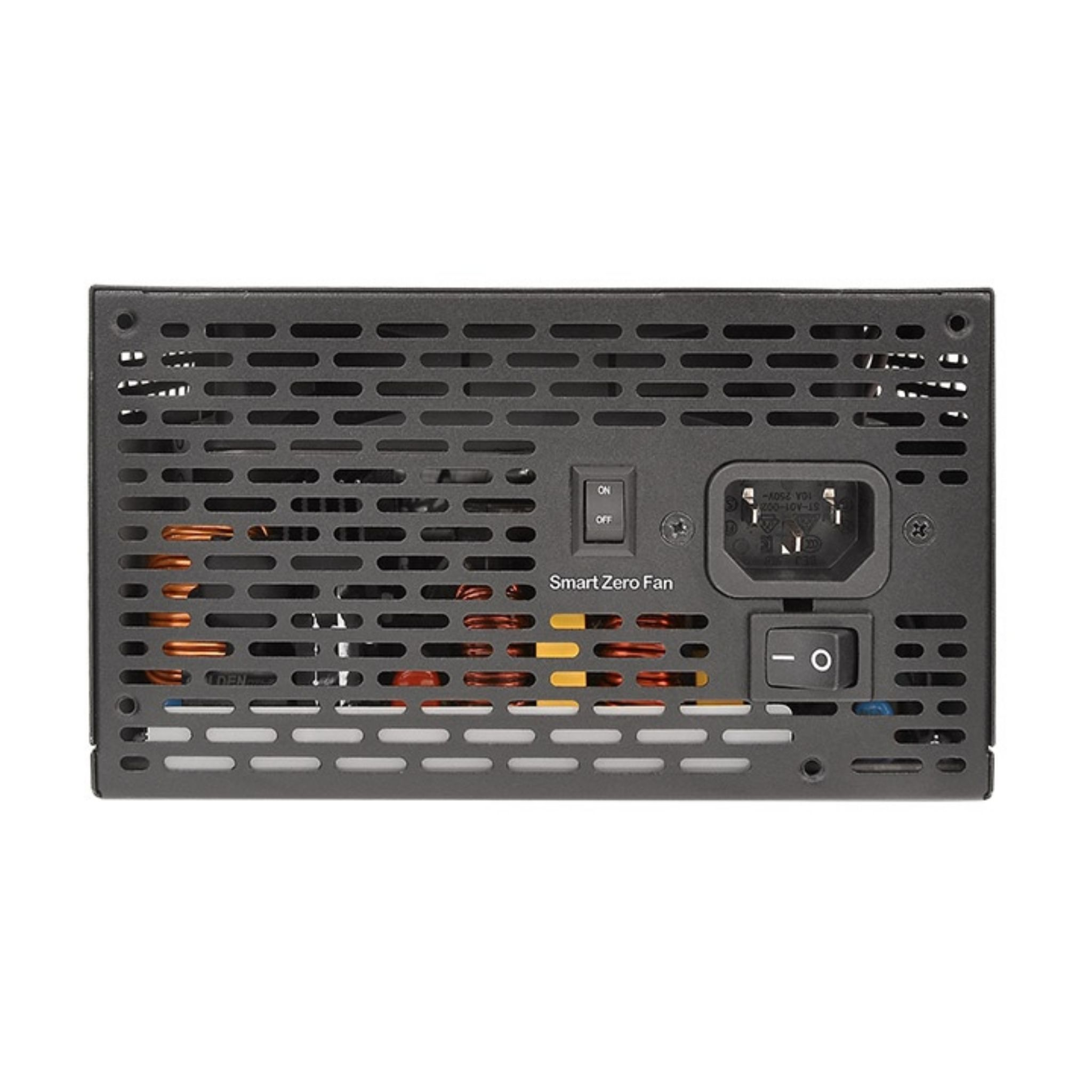 Schwarzes Computer-Netzteil mit Lüftungsschlitzen, Schaltern und Stromanschluss.