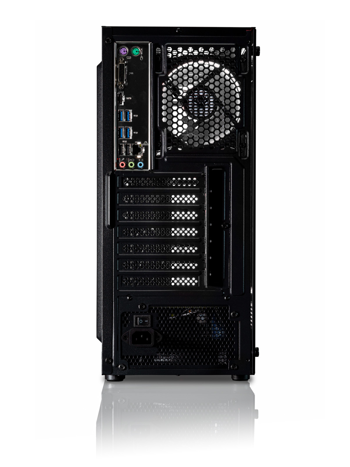 Tył czarnej obudowy komputera z różnymi portami i wentylatorem.