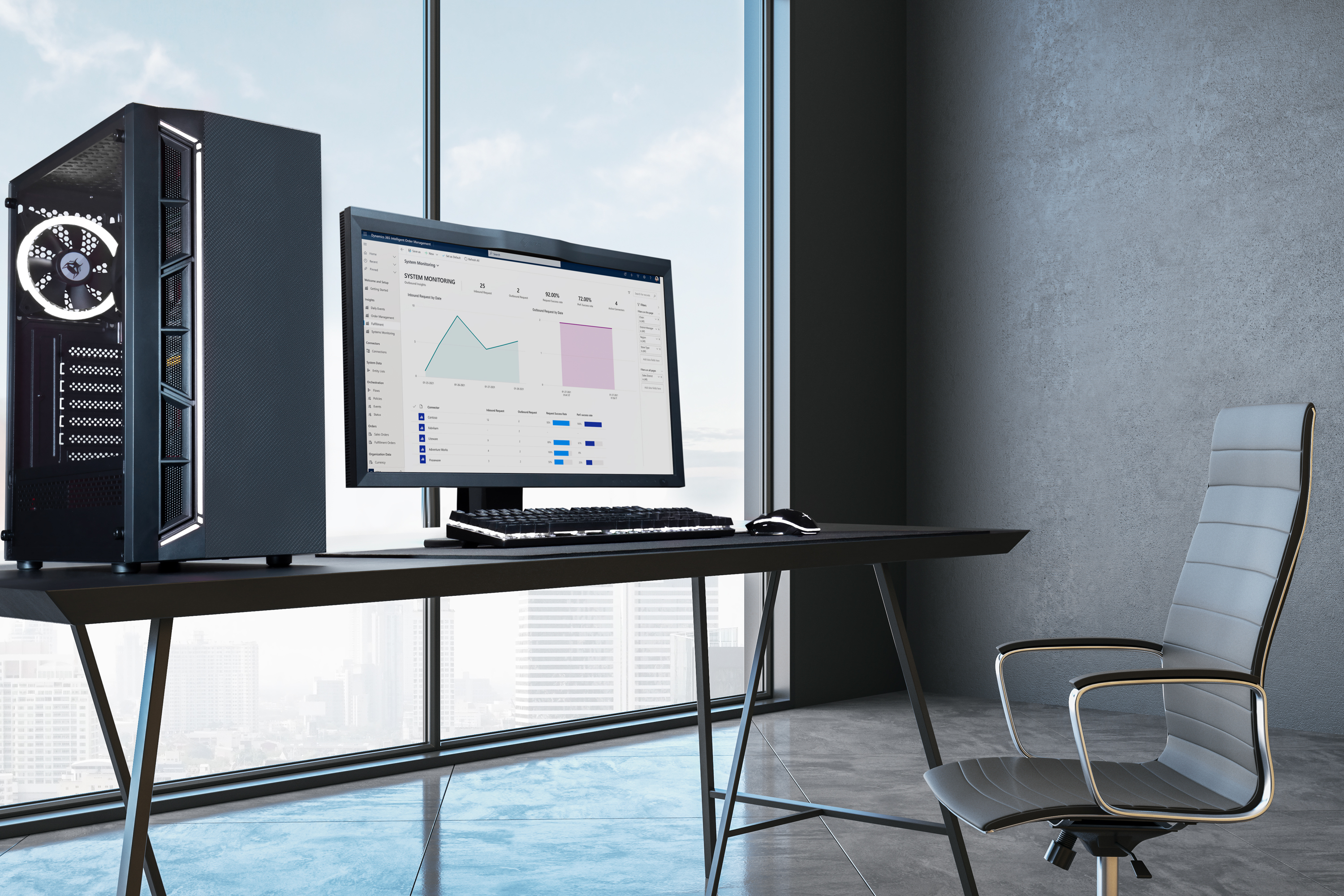 Konfiguracja komputera stacjonarnego z wieżą komputera, monitorem, klawiaturą, myszką i szarym krzesłem. Widok na miasto.