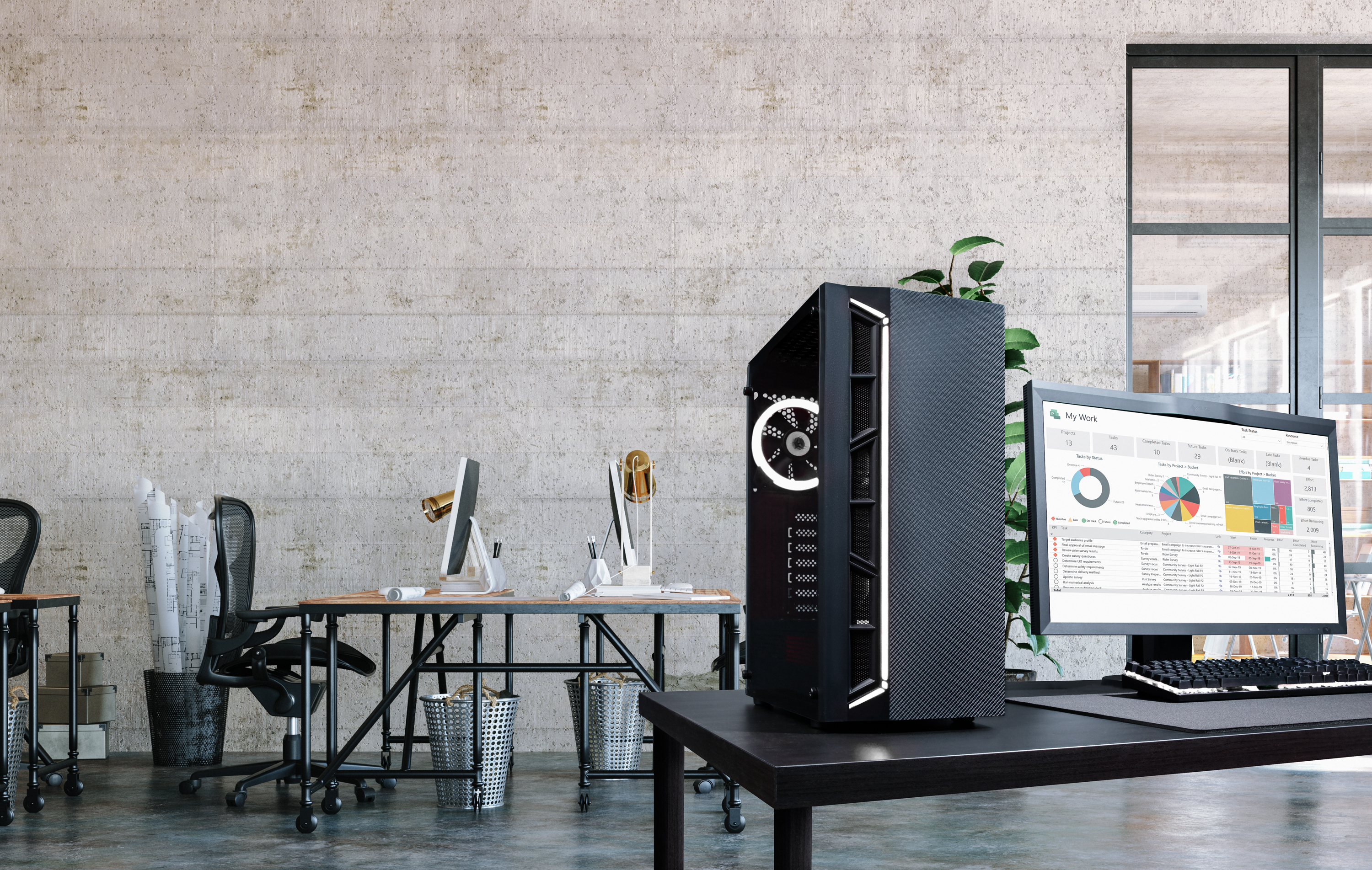 Konfiguracja komputera w biurze. Czarna obudowa komputera, monitor, biurko z papierami, krzesło, okno.