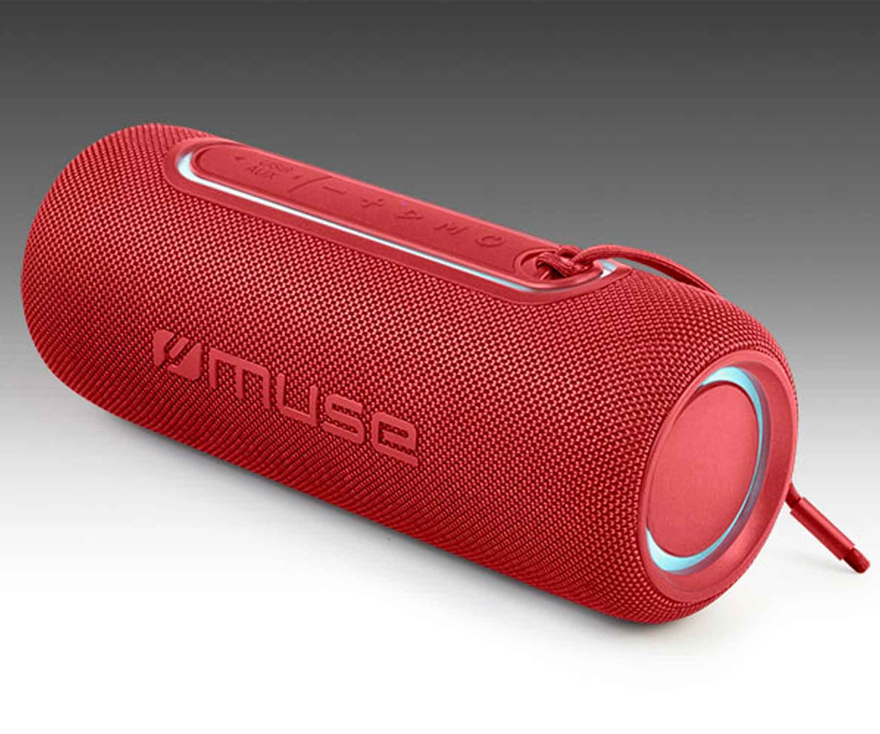 Altavoz cilíndrico rojo con controles en la parte superior y el logotipo de la marca Muse.