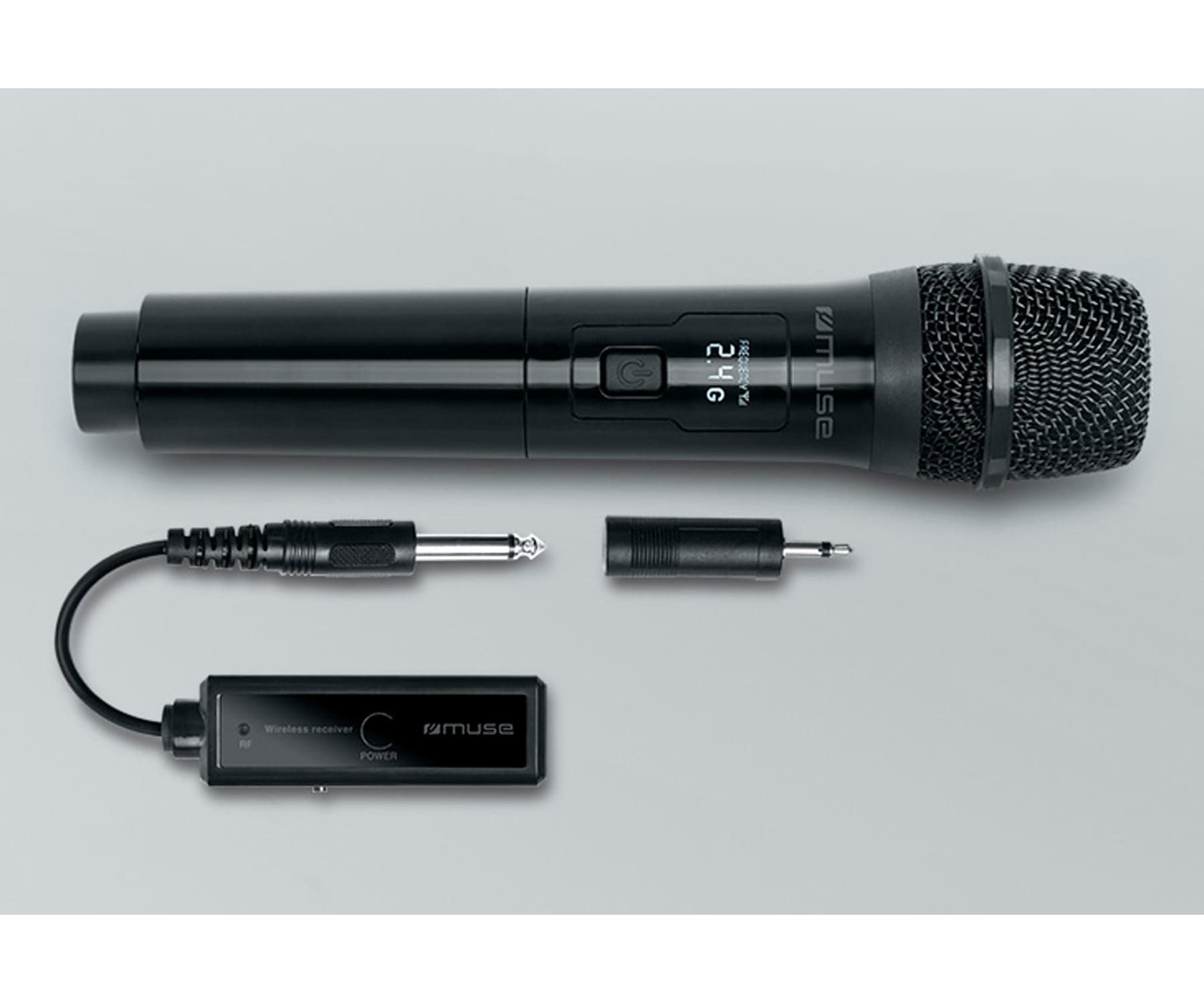 Czarny mikrofon bezprzewodowy z odłączanymi częściami i odbiornikiem bezprzewodowym.