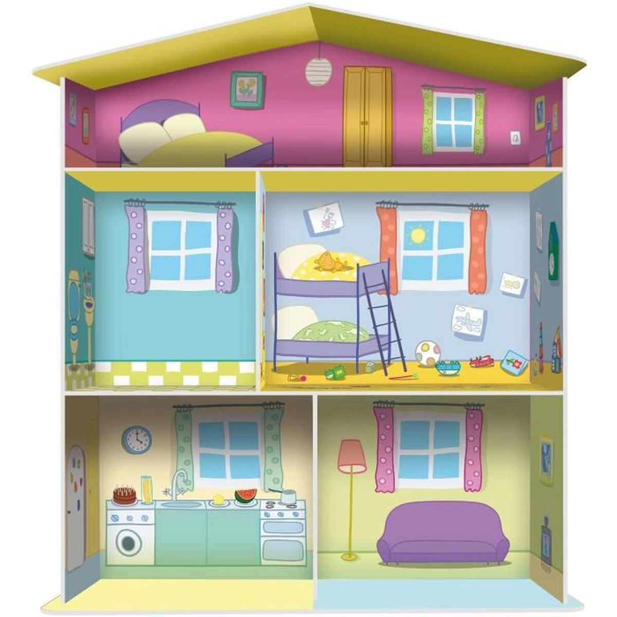 Puppenhaus mit mehreren Zimmern, jedes möbliert. Enthält ein Schlafzimmer, ein Wohnzimmer, eine Küche und ein Etagenbettzimmer.