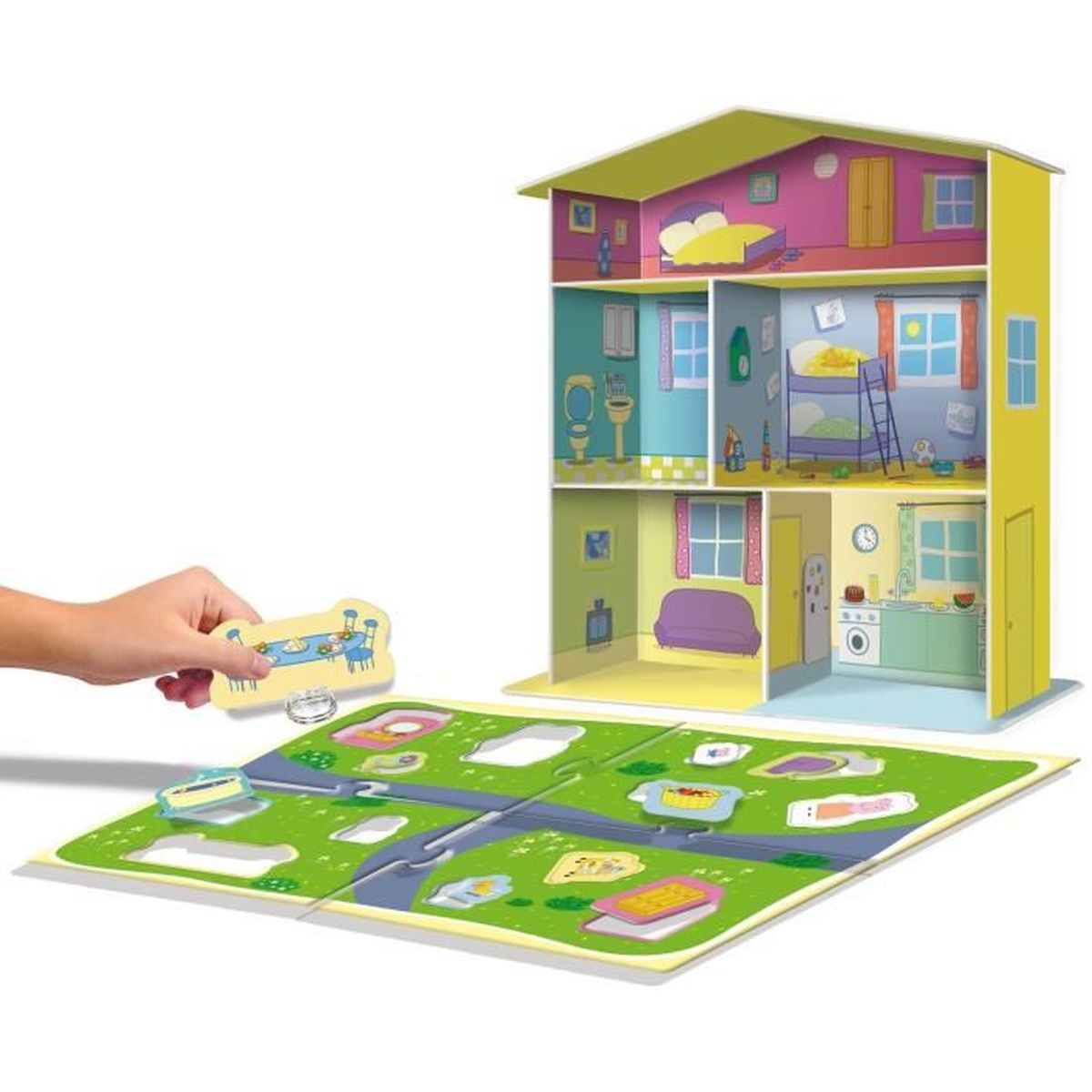 Eine Hand hält ein Puzzleteil eines Puppenhauses. Ein Puppenhaus befindet sich neben den Puzzleteilen.