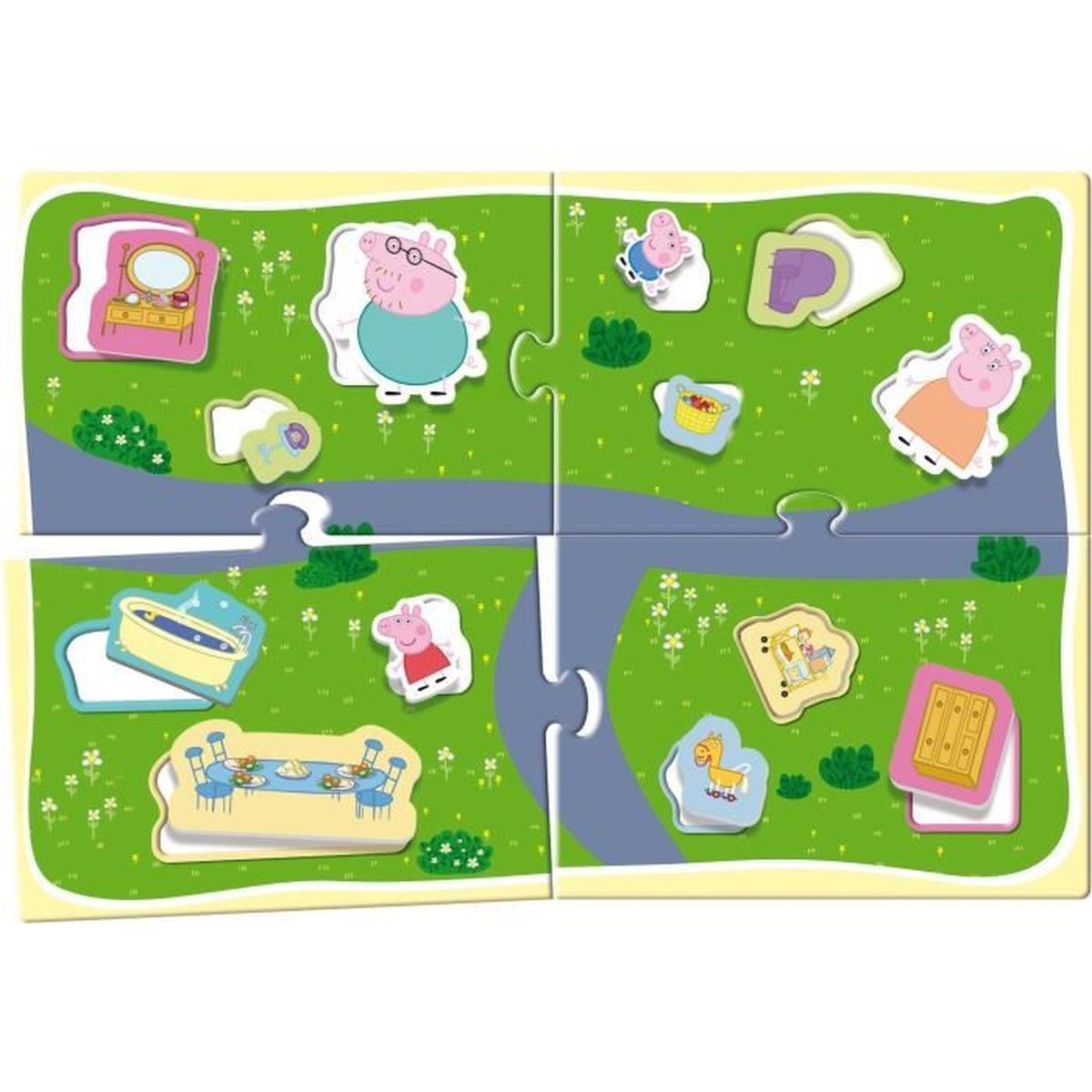 Peppa Wutz Puzzle mit Zeichentrickfiguren und Objekten auf grünem Hintergrund.