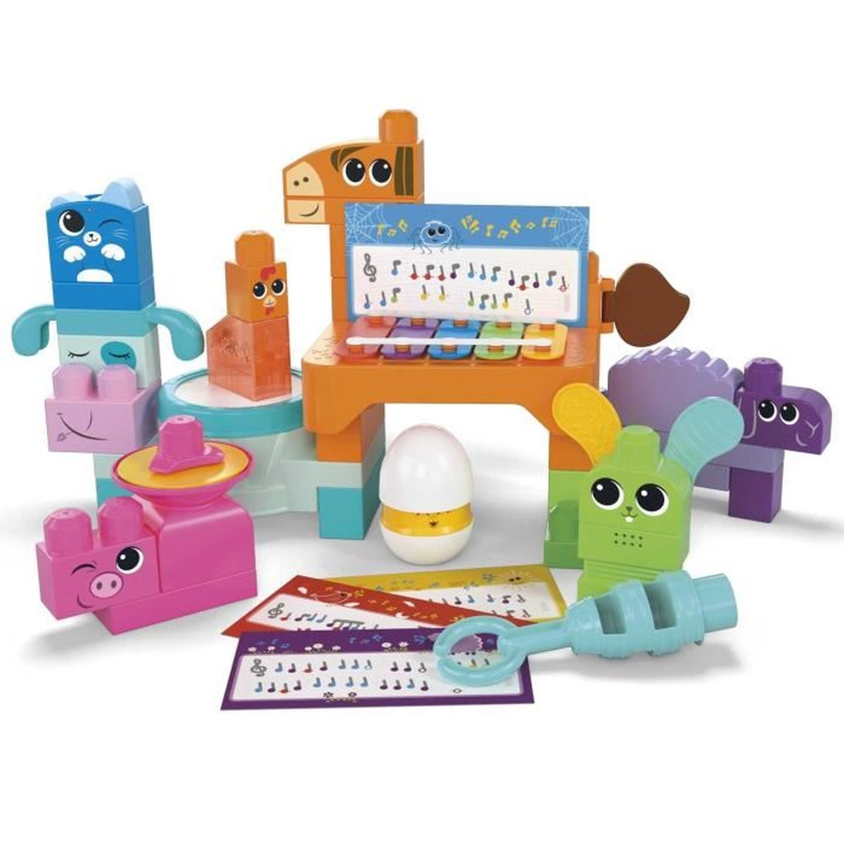 Kolorowe klocki z instrumentami muzycznymi i zwierzętami.