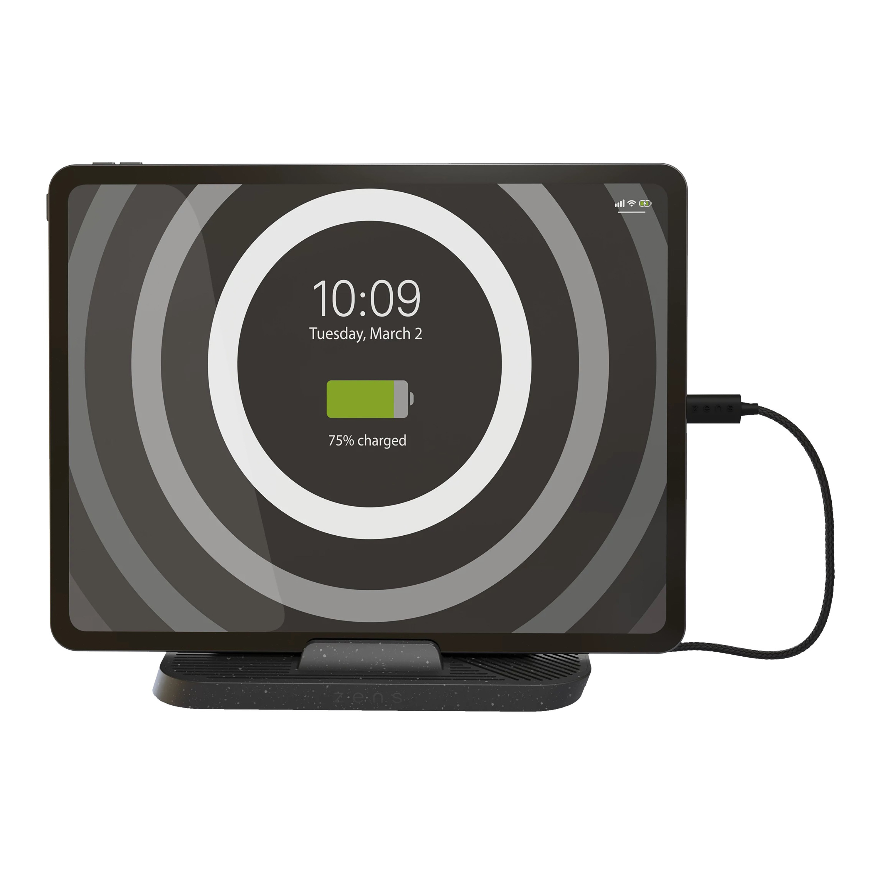 Tablet, das auf einer schwarz-grauen Ladestation geladen wird. Der Bildschirm zeigt den Ladefortschritt.