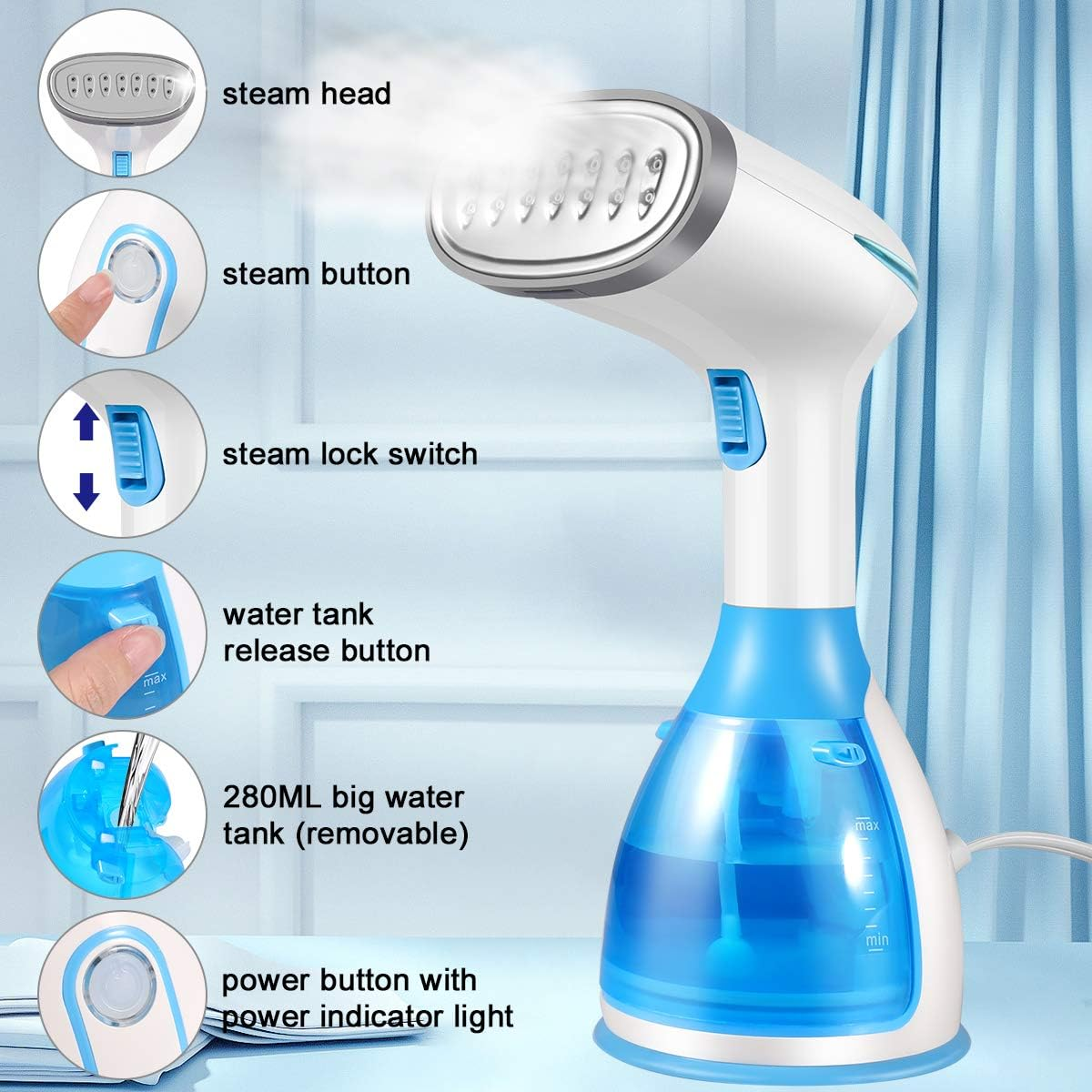 Ein weiß-blauer Kleidungsdämpfer. Er hat einen Dampfkopf, Knöpfe, einen Wassertank und einen Ein-/Ausschalter.
