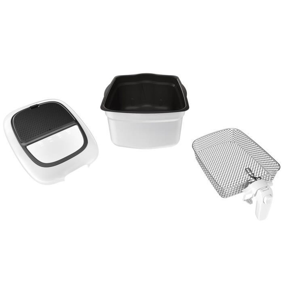 Części frytkownicy. Pokrywa, miska i kosz są białe i czarne.