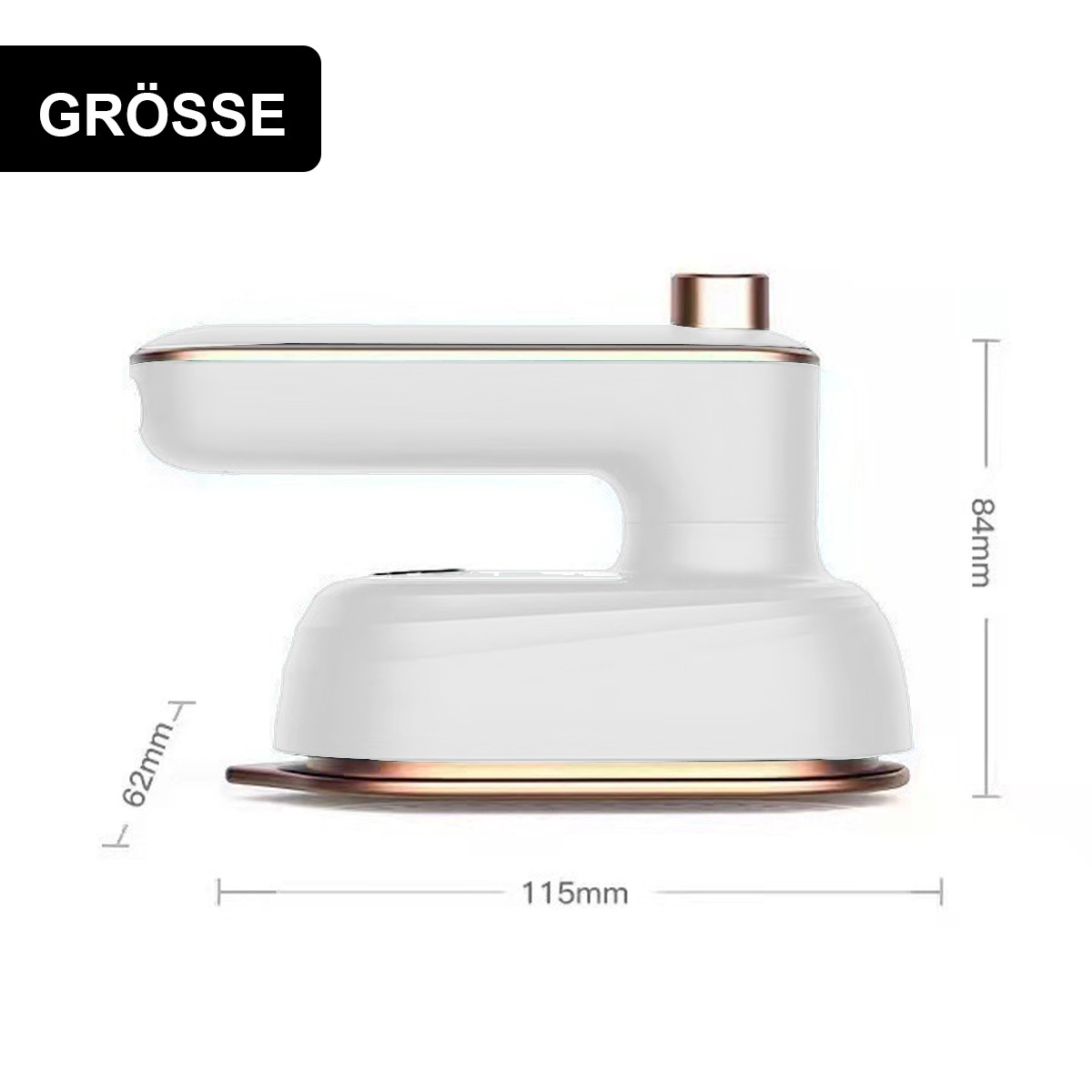 Ein weißes Reisebügeleisen mit beschrifteten Abmessungen und dem Text 'GRÖSSE'.