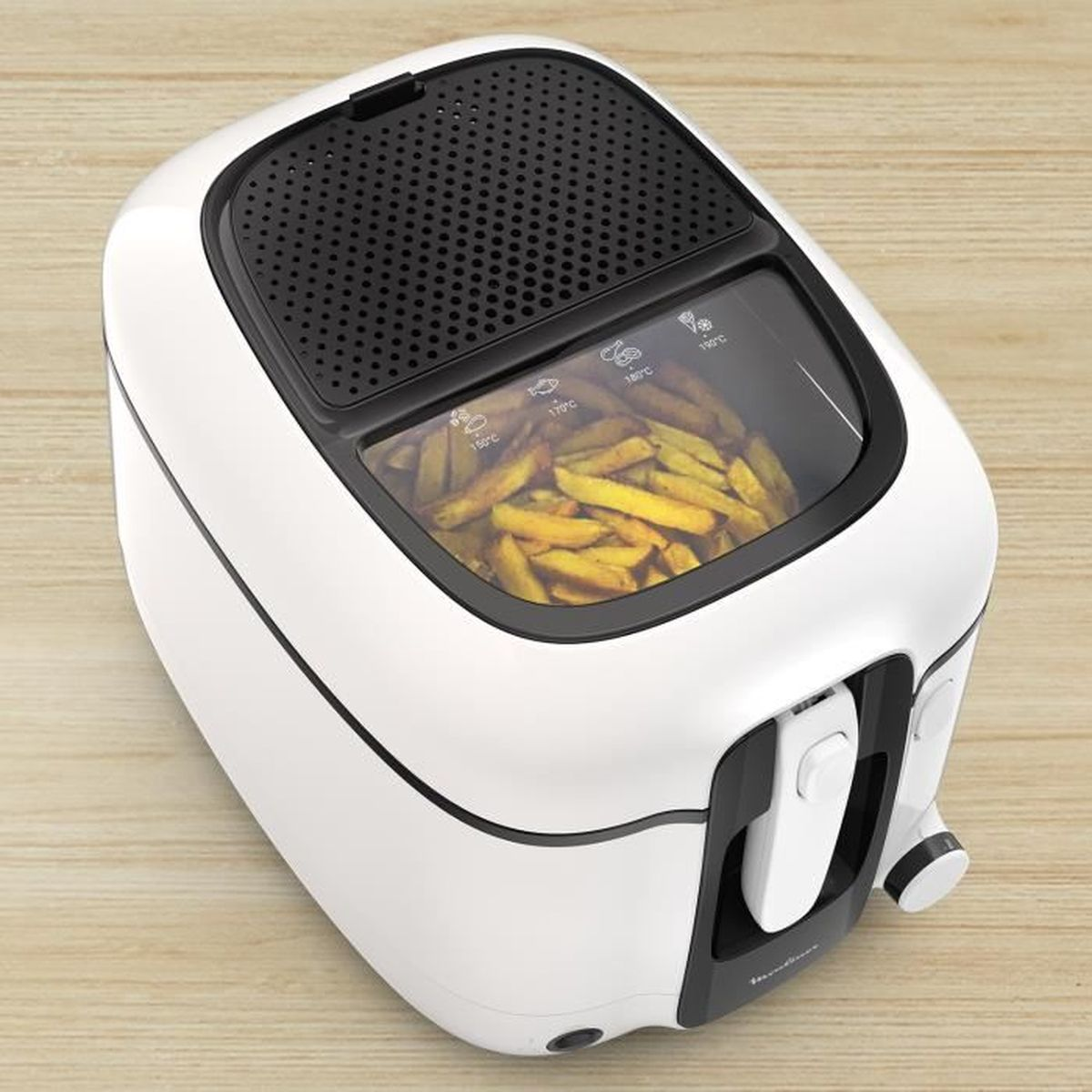 Biała frytkownica z frytkami. Czarna pokrywa z wentylacją, na drewnianej powierzchni.