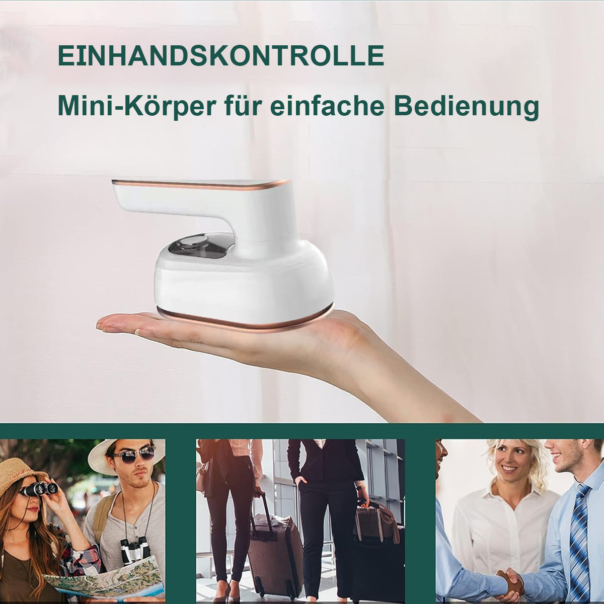 Weißer Hand-Dampfgarer, der von einer Hand gehalten wird.