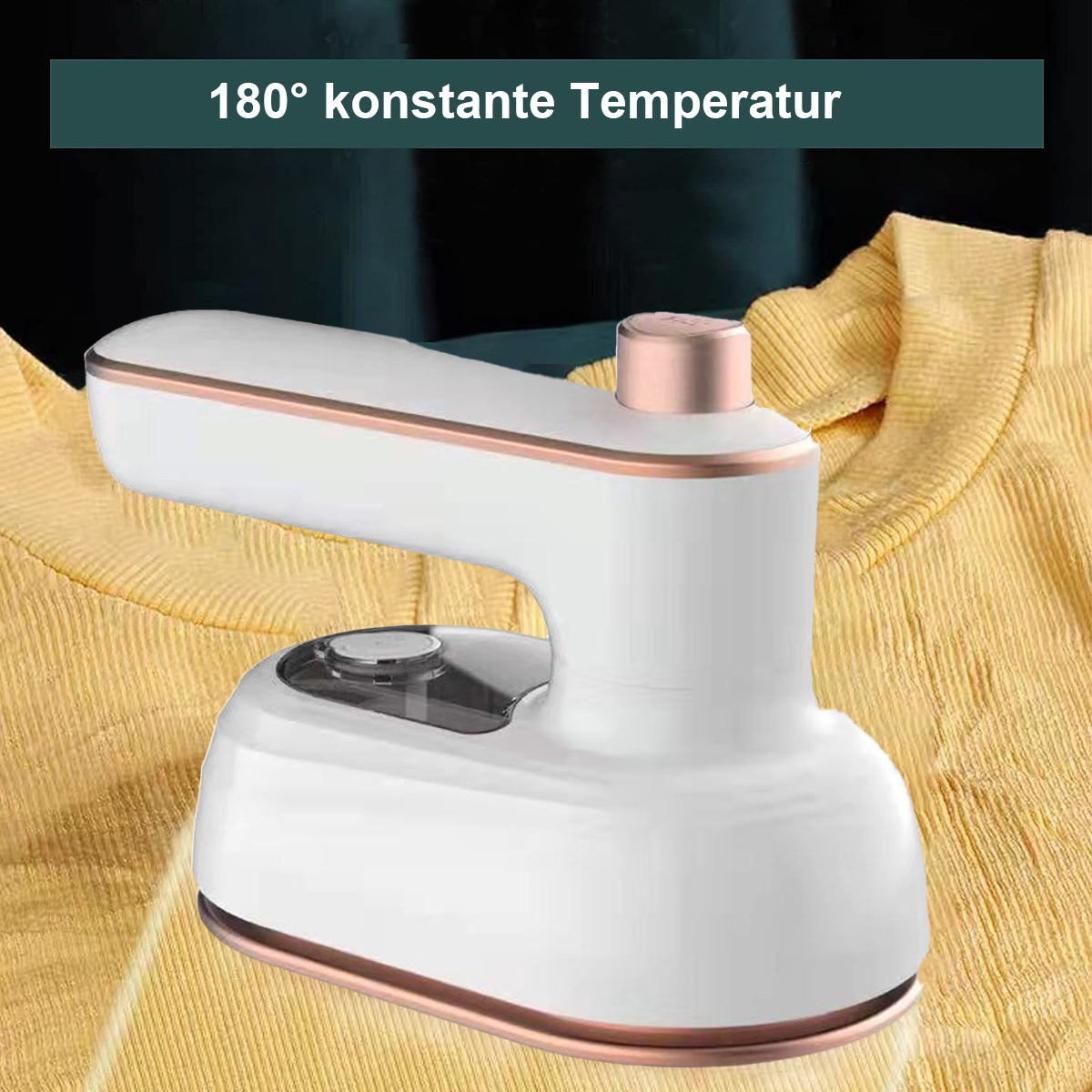 Weißer und roségoldener Kleidungsdampfer auf gelbem Hemd. Text: 180° konstante Temperatur.