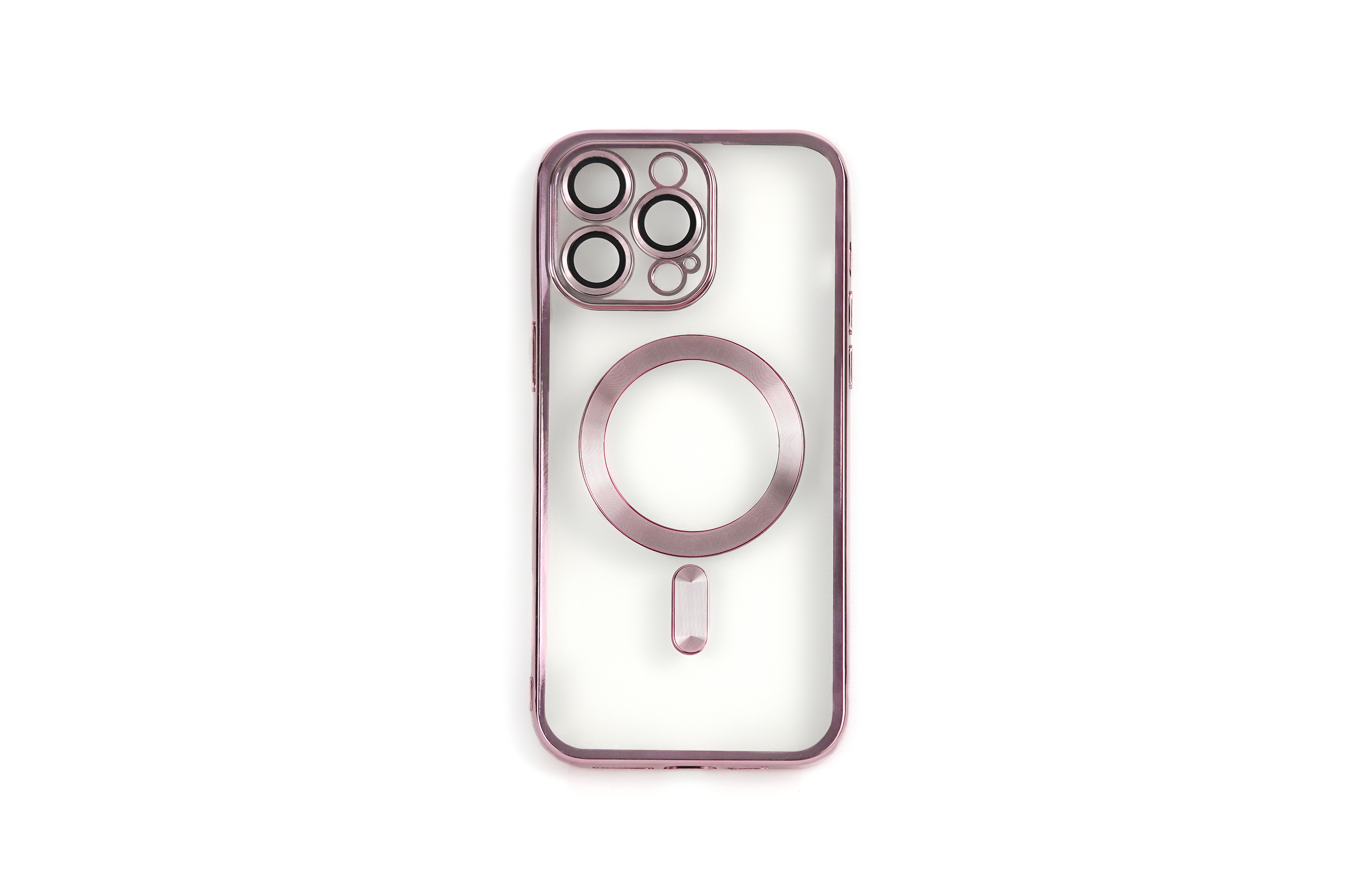 Eine transparente Handyhülle mit roségoldfarbenem Ring und Akzenten sowie einer transparenten Rückseite. Auf weißem Hintergrund.