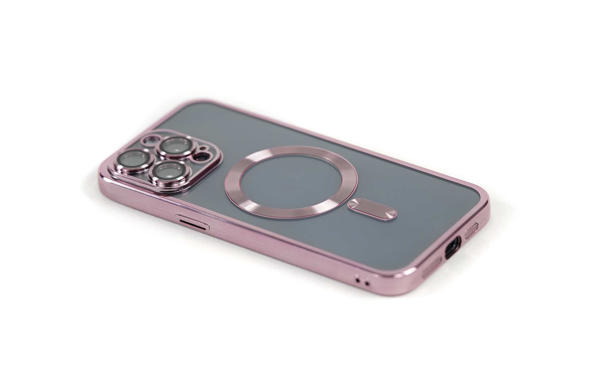 Eine rosa iPhone-Hülle mit durchsichtigem Rücken und einem silbernen Magnetring. Die Hülle liegt auf weißem Grund.