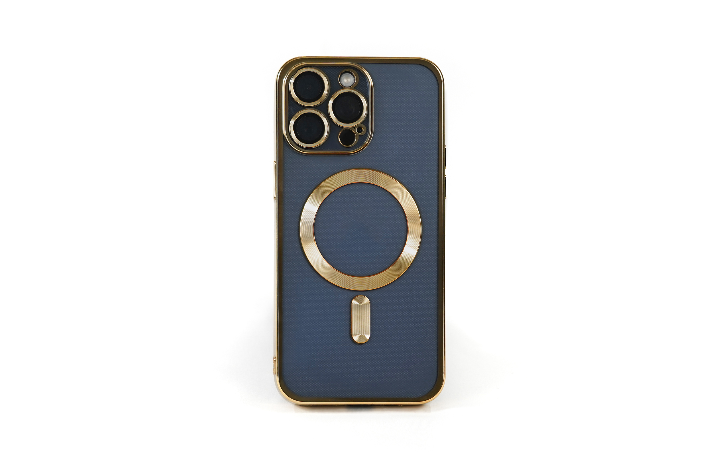 Blaue Handyhülle mit goldenem Rand und einem goldenen Ring um die Kamera.