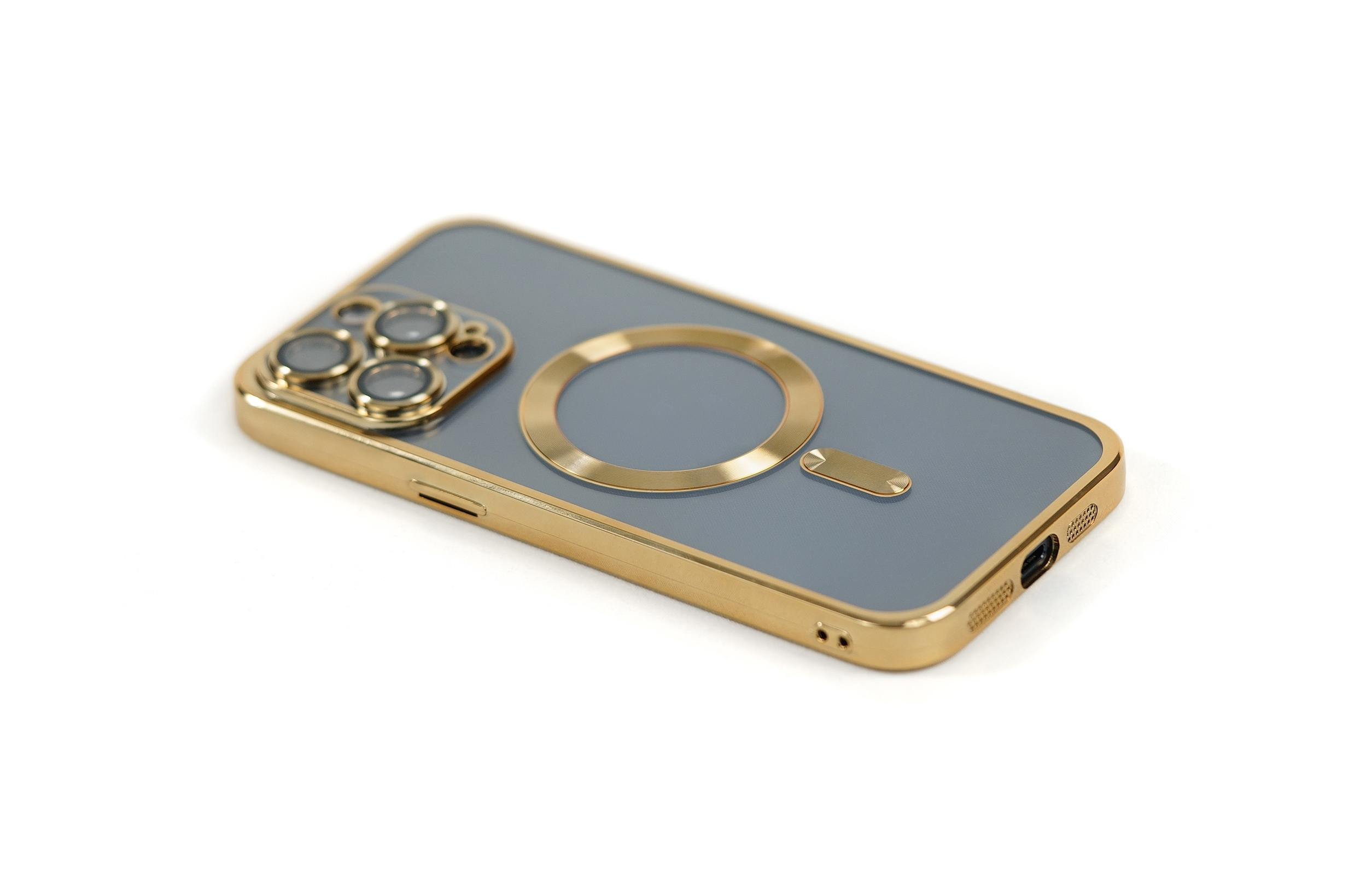 Eine goldene iPhone-Hülle mit blau-grauer Rückseite, mit Kameraringen und einem MagSafe-Ring.
