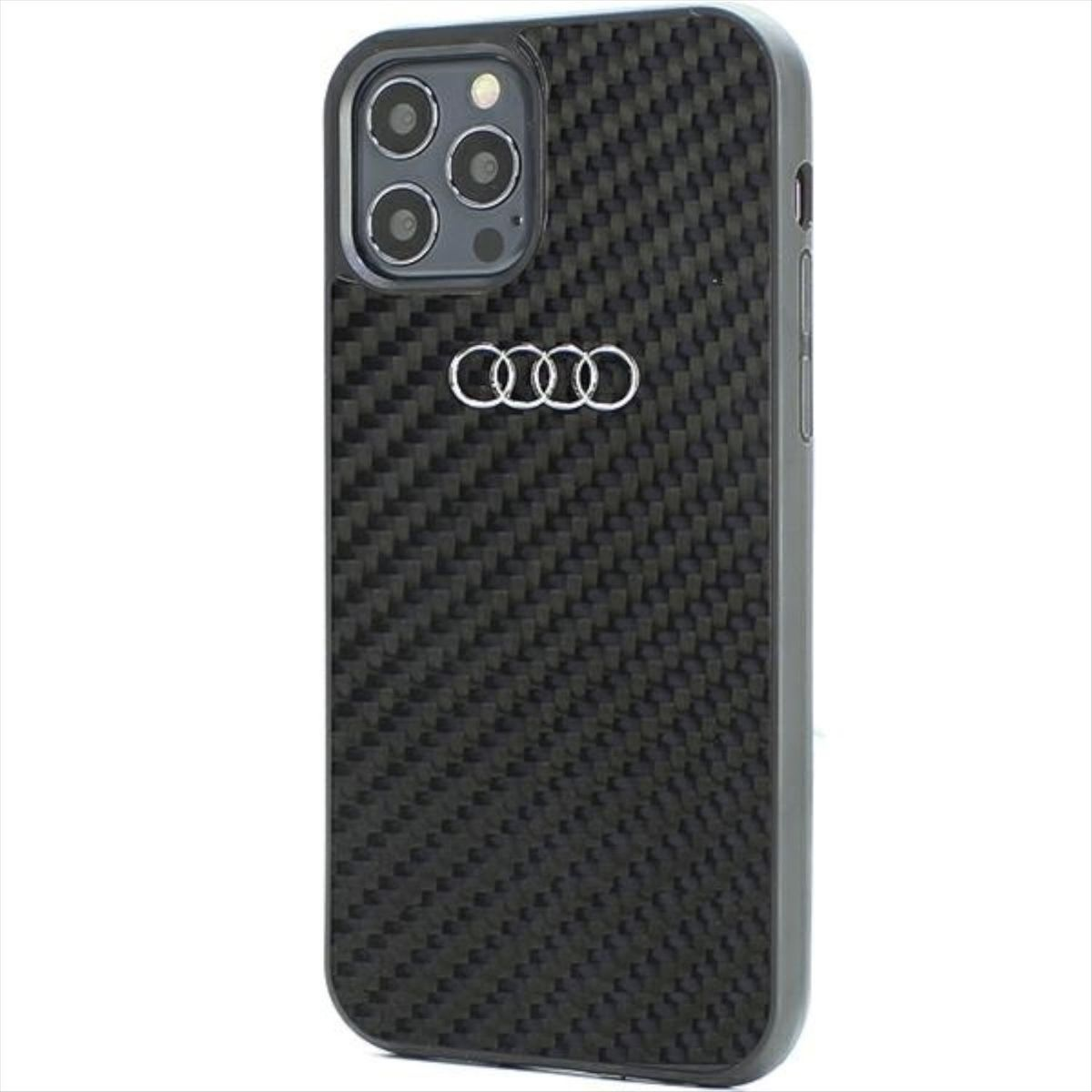 Schwarze Handyhülle mit Karbonfaser-Textur und Audi-Logo.