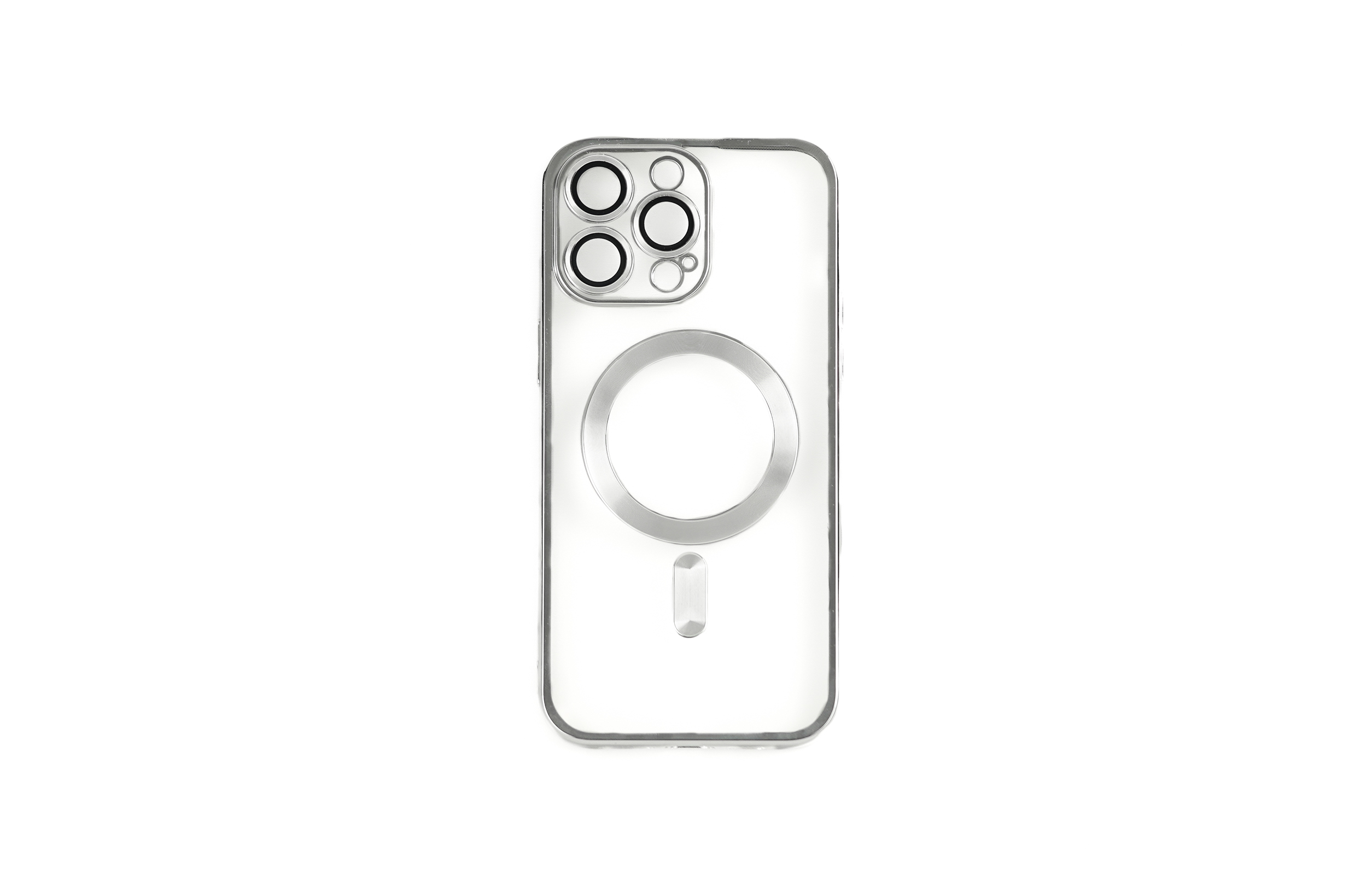 Eine transparente Handyhülle mit silbernem Ring und Akzenten und einer transparenten Rückseite. Auf weißem Hintergrund.
