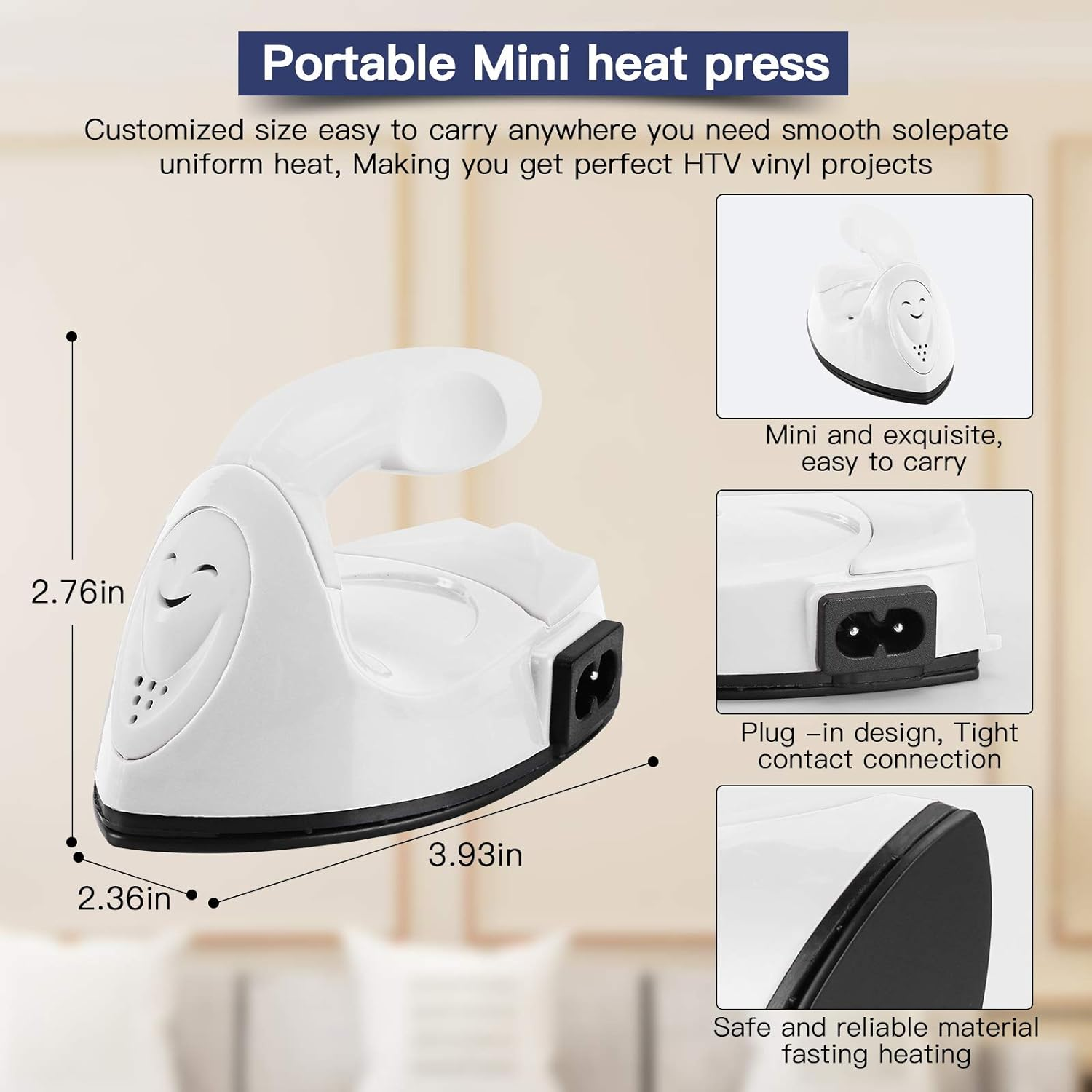 Weiße Mini-Heißpresse mit Abmessungen. Plug-in-Design mit sicherem und zuverlässigem Heizen.