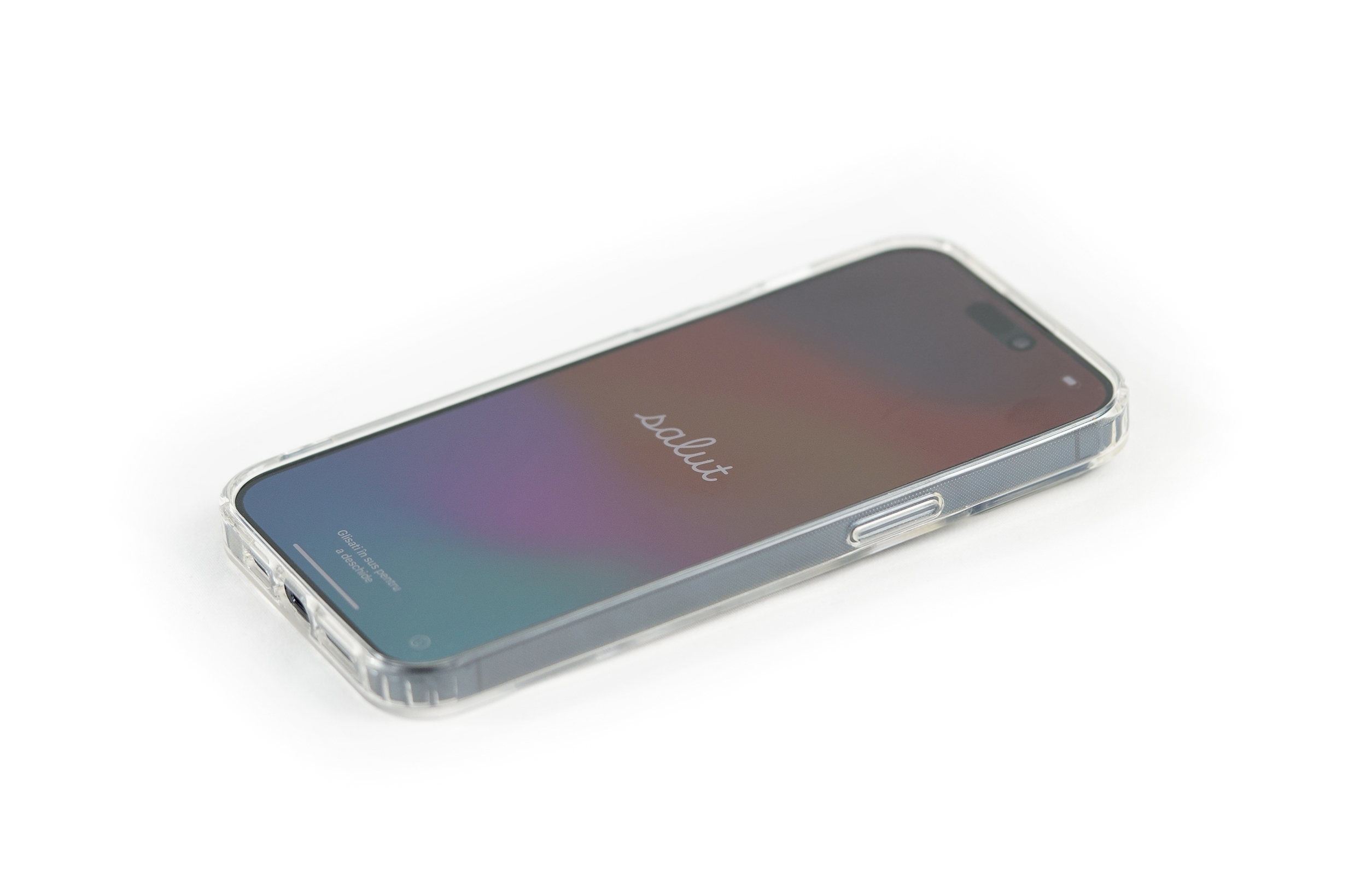 Ein Telefon mit klarer Hülle auf weißer Oberfläche, das einen 'salut'-Gruß zeigt.