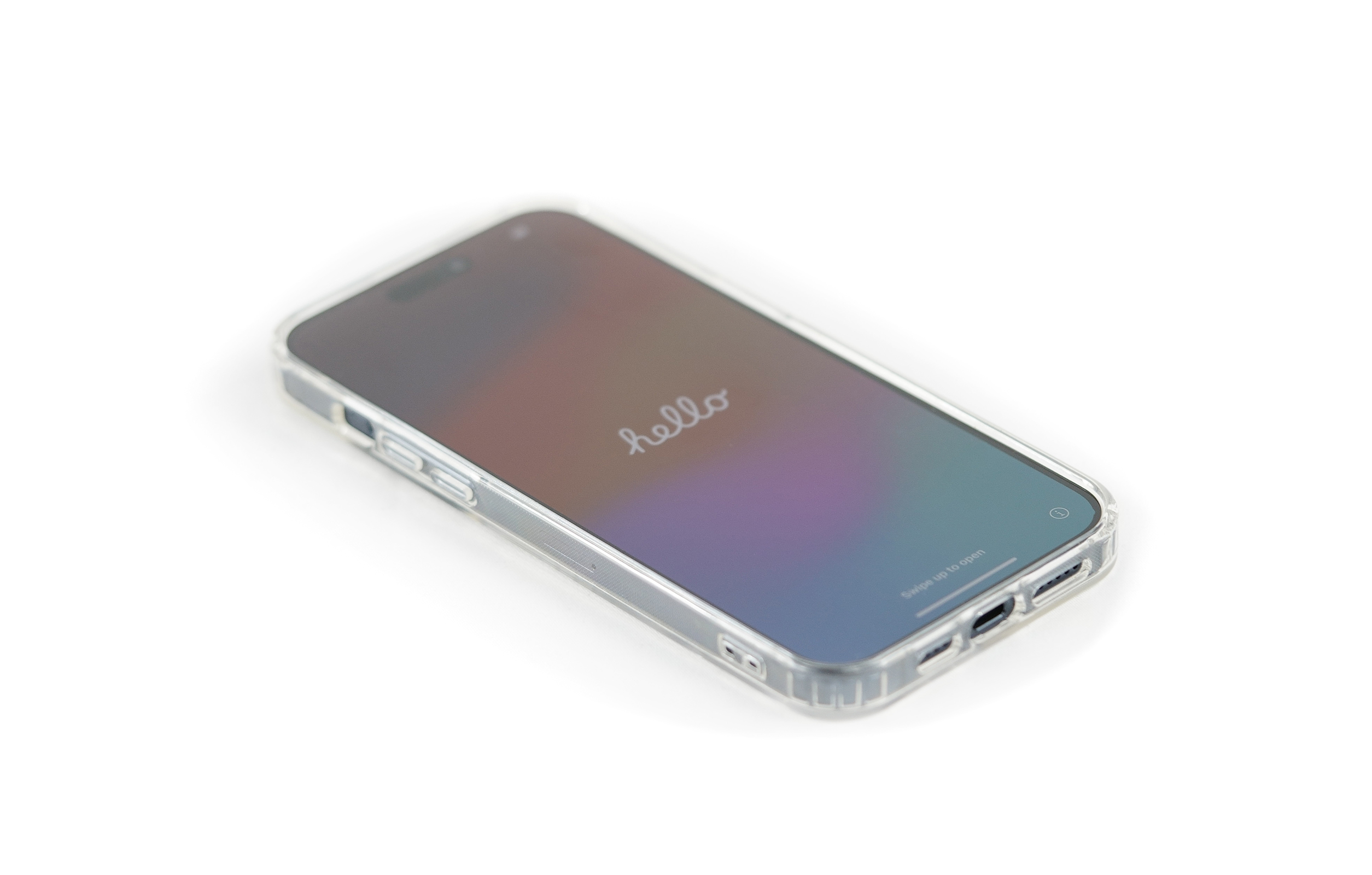 Ein Telefon mit einer transparenten Hülle, das eine 'Hallo'-Nachricht anzeigt.