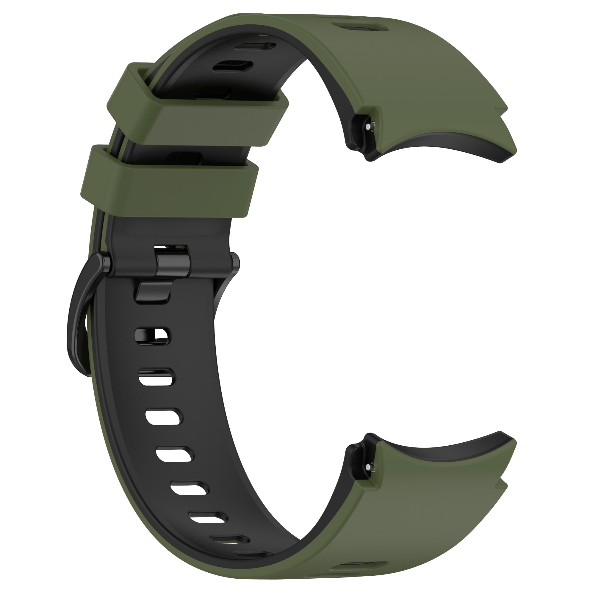 Grünes und schwarzes Uhrenarmband, gebogen und offen.