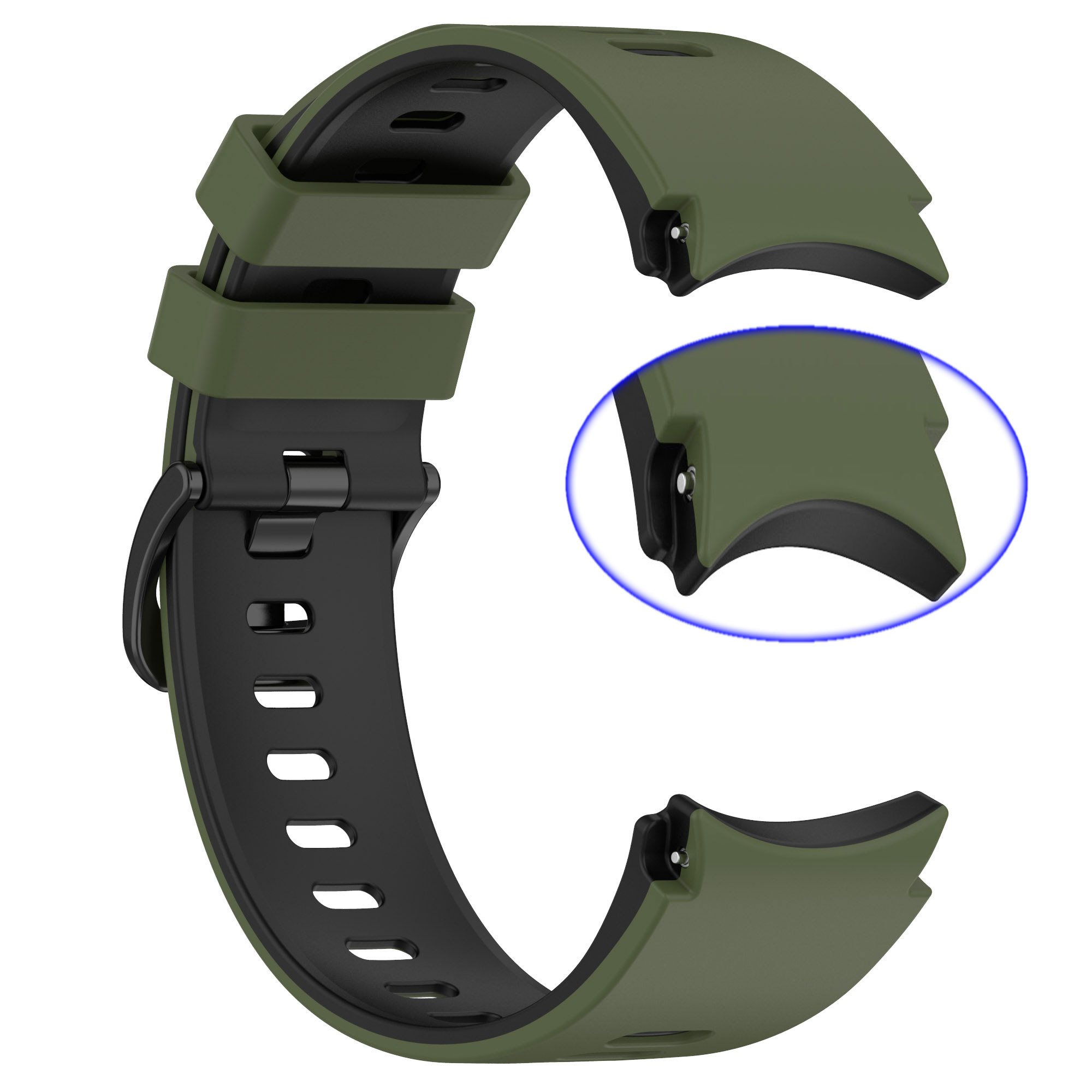 Ein grünes und schwarzes Uhrenarmband. Es hat eine Schnalle und eine Nahaufnahme.