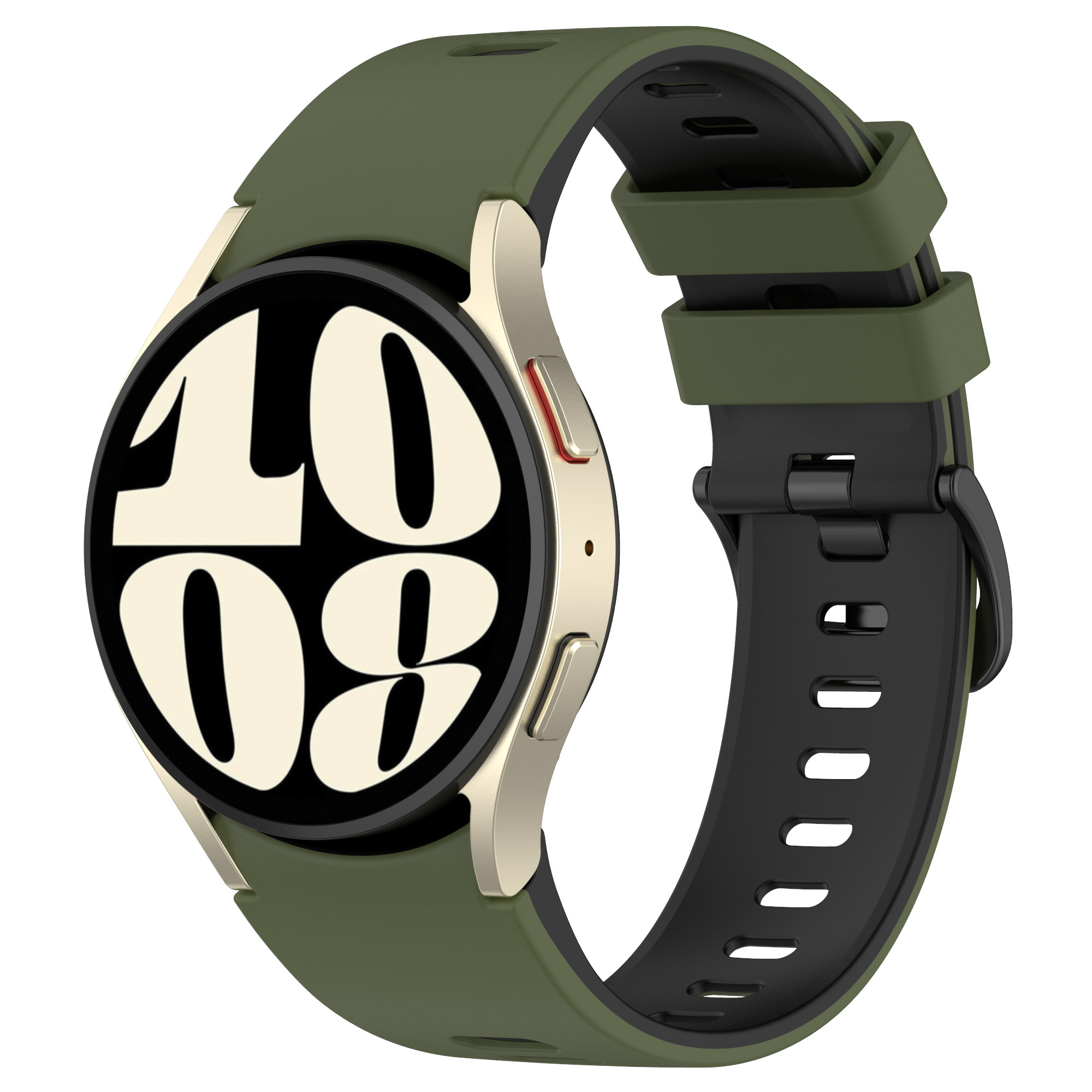 Eine Smartwatch mit grünem Armband und goldener Lünette, die die Uhrzeit 10:08 anzeigt.