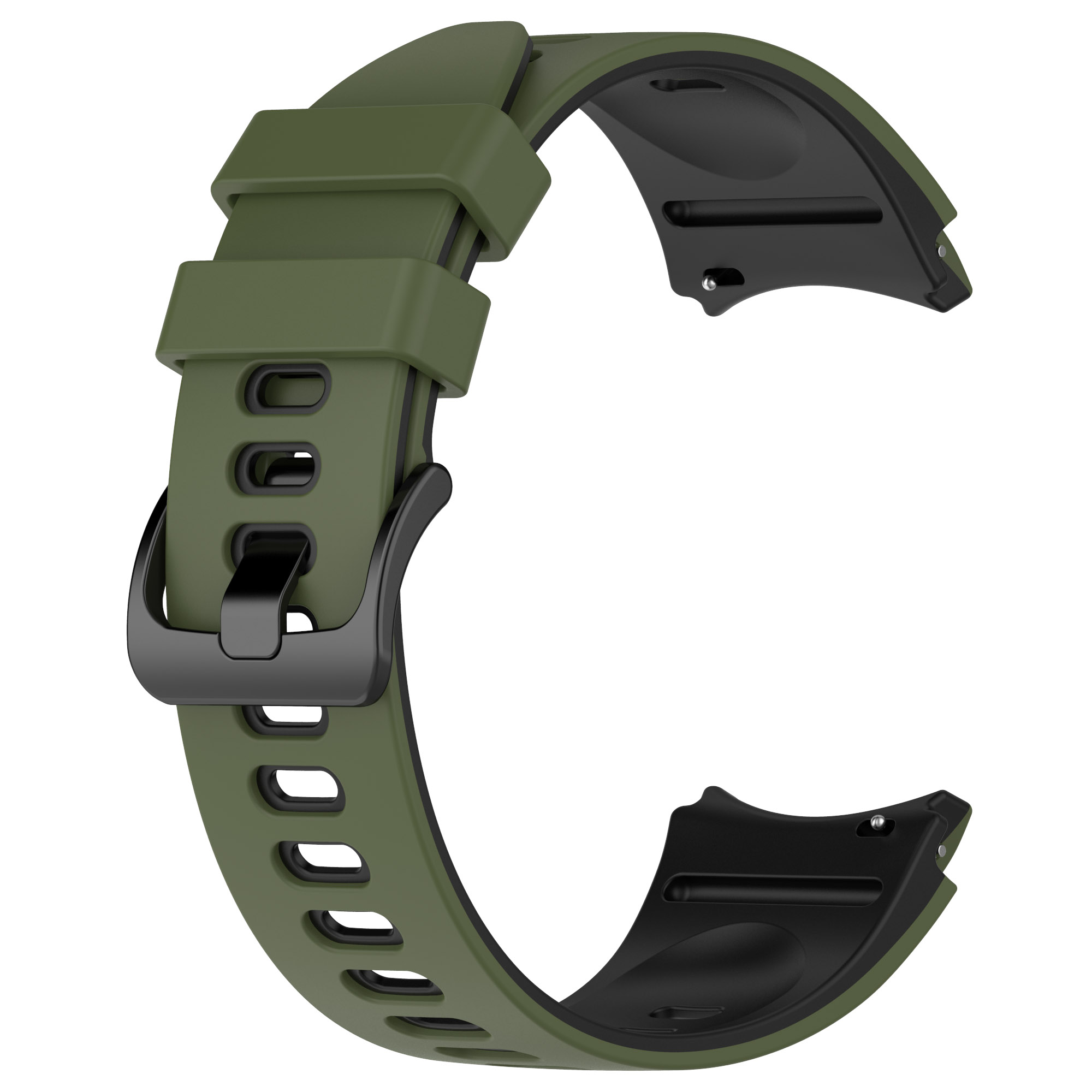 Grünes Uhrenarmband mit schwarzer Schnalle, schwarzer Innenraum. Weißer Hintergrund.