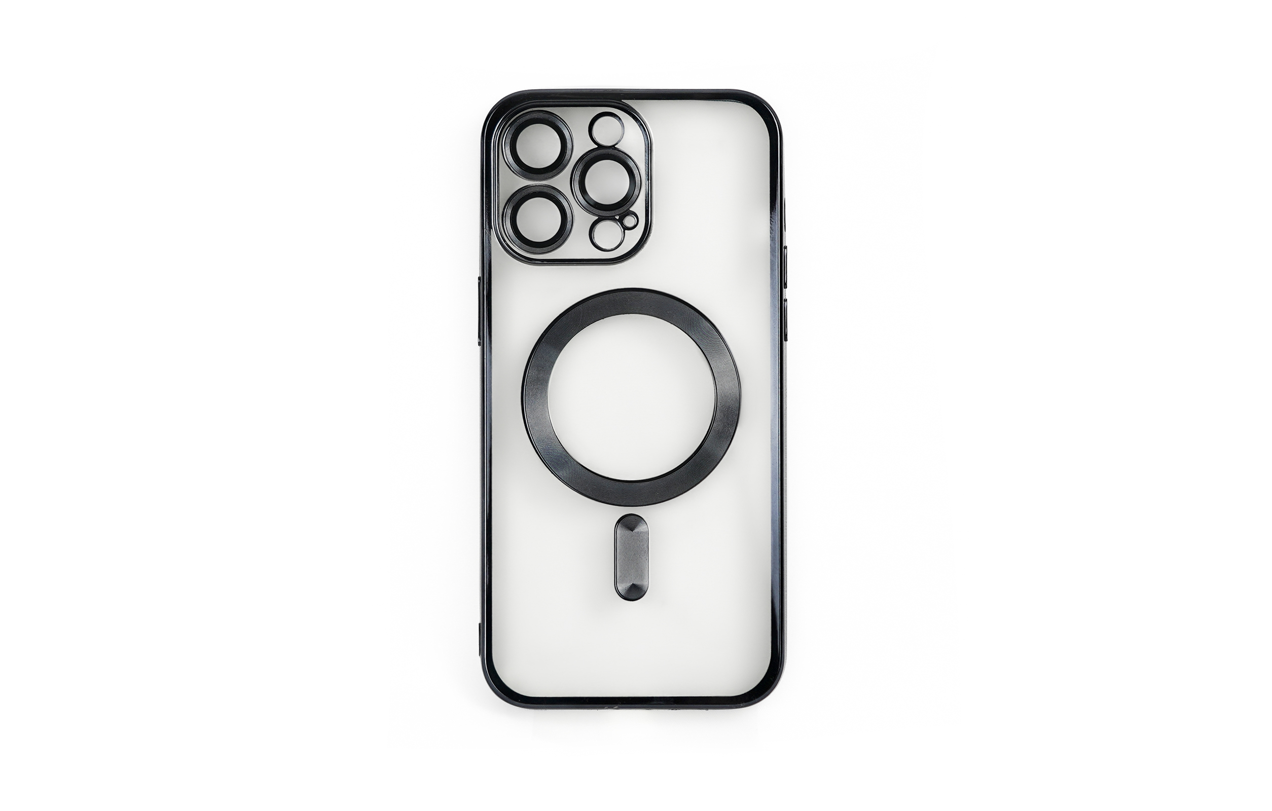 Transparente Handyhülle für ein Telefon mit mehreren Kameralinsen. Hat einen schwarzen Ring und eine Magnethalterung.