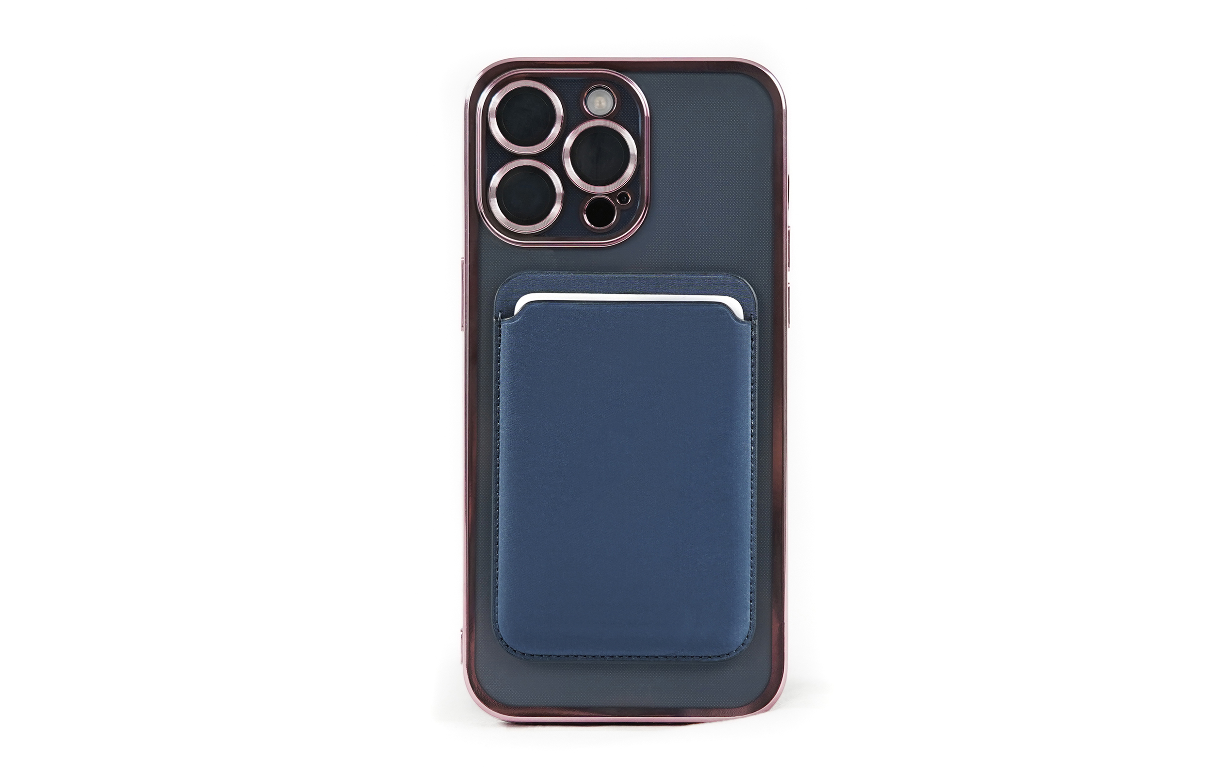 Ein Telefon mit einer dunkelblauen Lederbrieftasche auf der Rückseite, auf weißem Hintergrund.