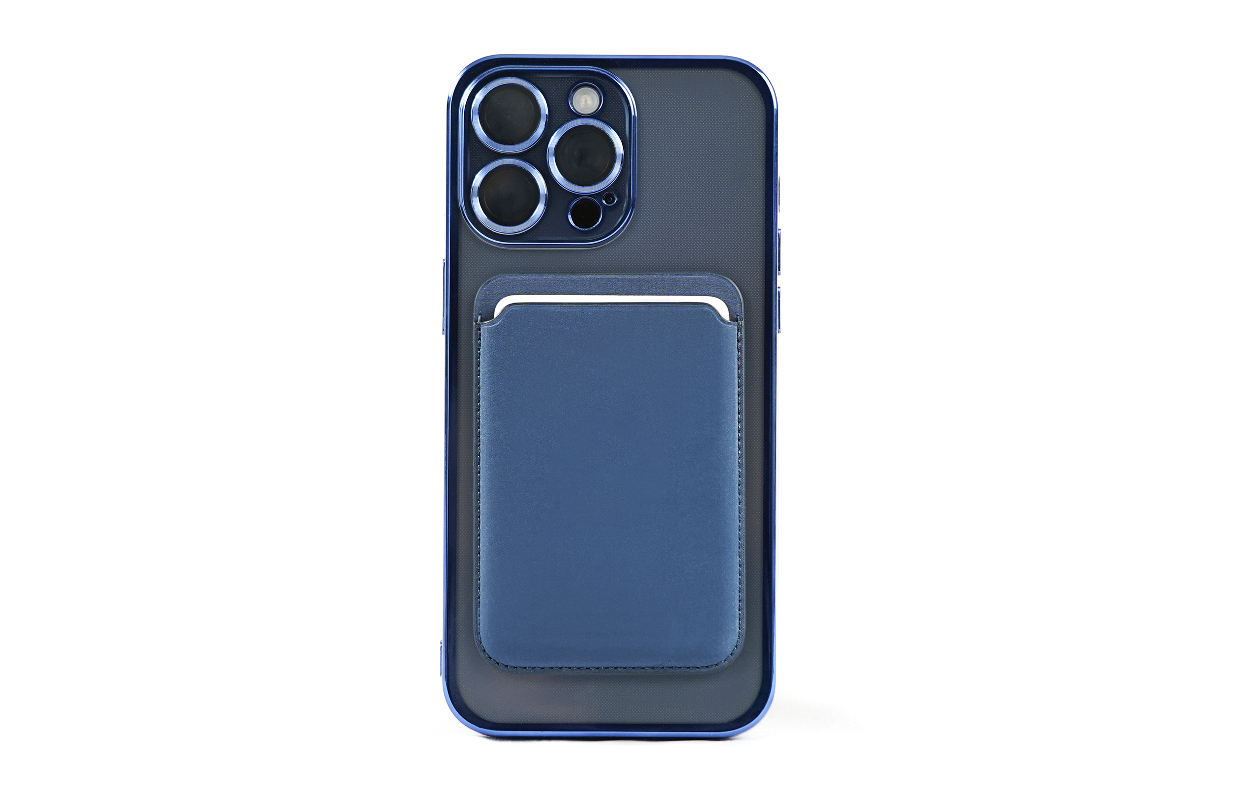 Blaue Handyhülle mit blauem Kartenhalter auf der Rückseite. Weißer Hintergrund.