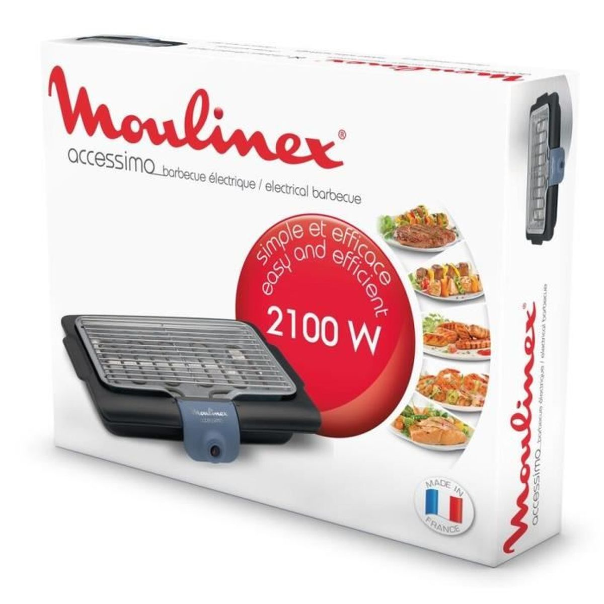 Verpackter Moulinex Elektrogrill mit Grill und Essensbildern, roter Kreis mit Text.