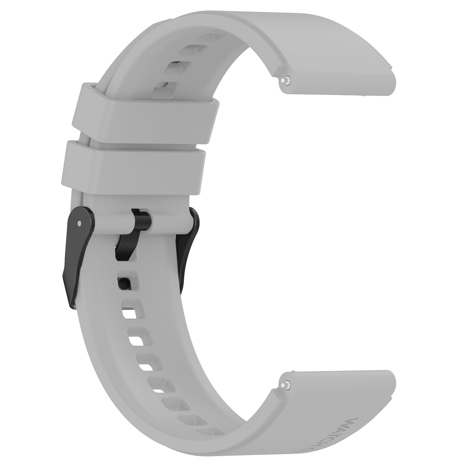 Hellgraues Uhrenarmband. Es hat eine schwarze Schnalle.
